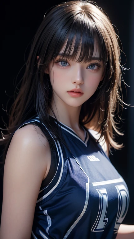masterpiece, highest quality, Very detailed, To the camera, 複雑に詳細なVery detailed, Realistic, Sharp features, Very detailed, Sharp focus, Perfect Face, Perfect Face, Perfect symmetry and perfect eyes, Perfect Plump Lips, Flexible female form, Cinematic, Film Light, Very detailed, hyper Realistic, masterpiece, Atmospheric, High resolution, Vibrant, Dynamic Studio Lighting, ((Dark Background)), The expression when enduring pleasure, Straight bangs, 、blue eyes、Basketball Uniforms、