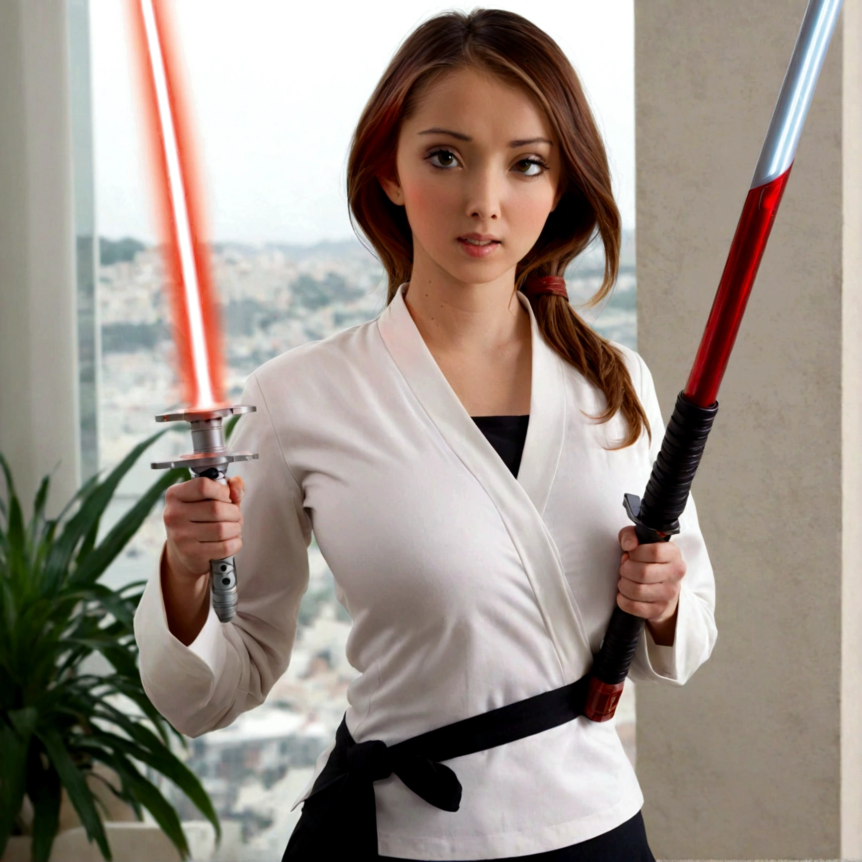 A lovely woman, business attire, confident stance, wielding a laser sword ramen advertisement 'obliterate your hunger'
