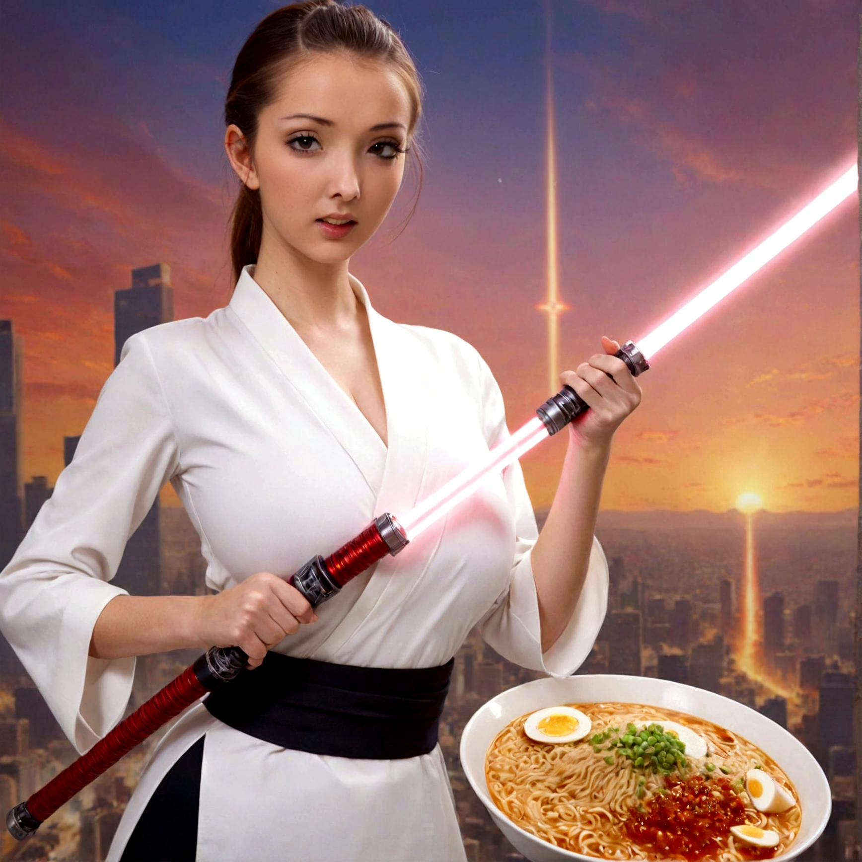 A lovely woman, business attire, confident stance, wielding a laser sword ramen advertisement 'obliterate your hunger'
