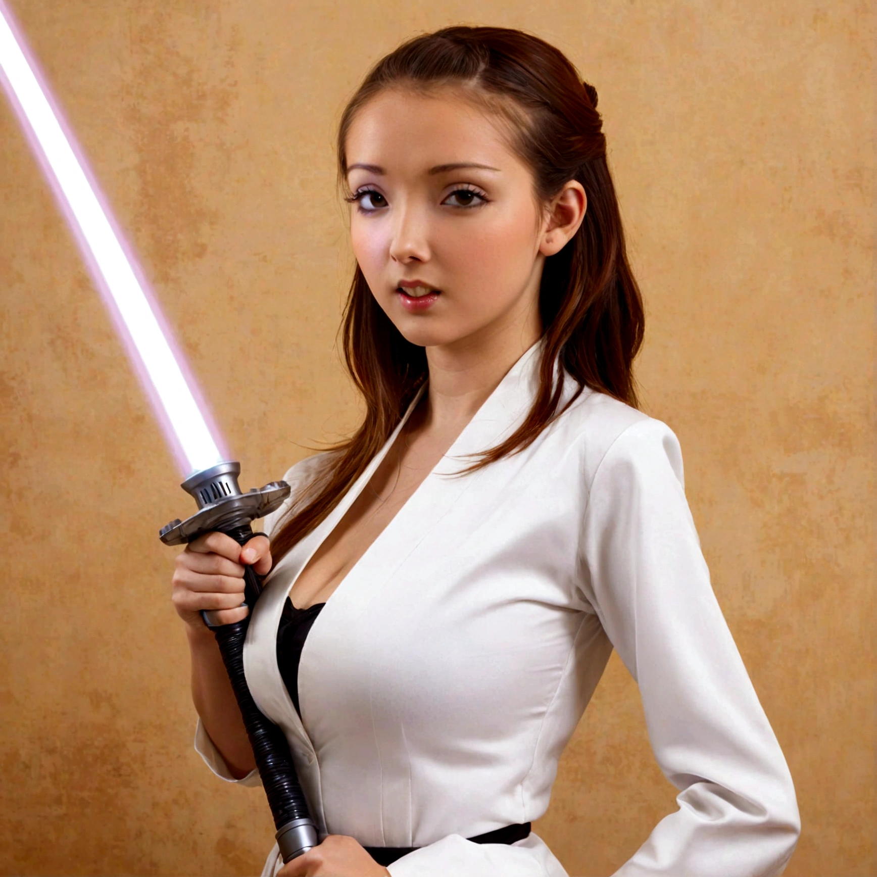 A lovely woman, business attire, confident stance, wielding a laser sword ramen advertisement 'obliterate your hunger'