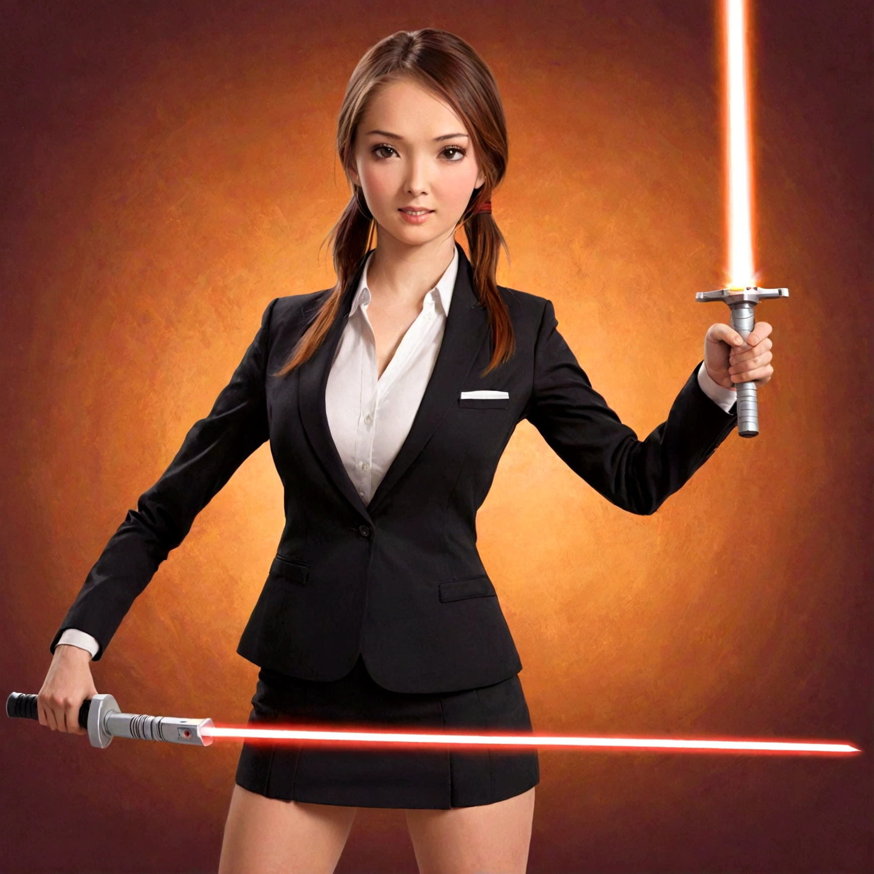 A lovely woman, business attire, confident stance, wielding a laser sword ramen advertisement 'obliterate your hunger'