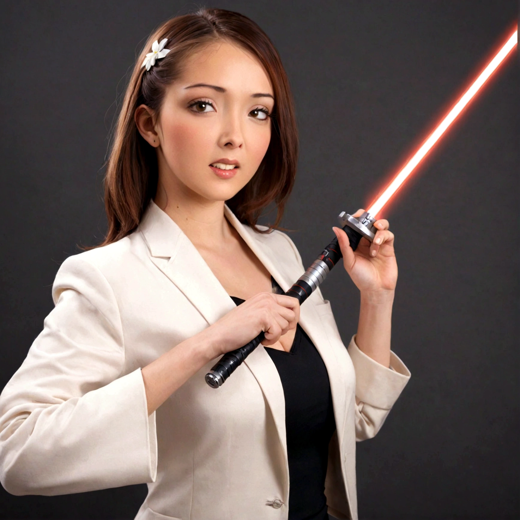 A lovely woman, business attire, confident stance, wielding a laser sword ramen advertisement 'obliterate your hunger'
