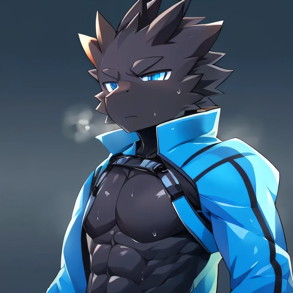 Thin macho　western black dragon　　abs　　　　　Hollow abs　　body suit　　thick arms　　　chest rig　　　、sweaty　　　skin glow　　profile　　Wearily　short of breath　　  　Chemo shota　　Thick chest have a 　blue eyes　Tired look　Glowing abs　Deep abdominals jacket　profile