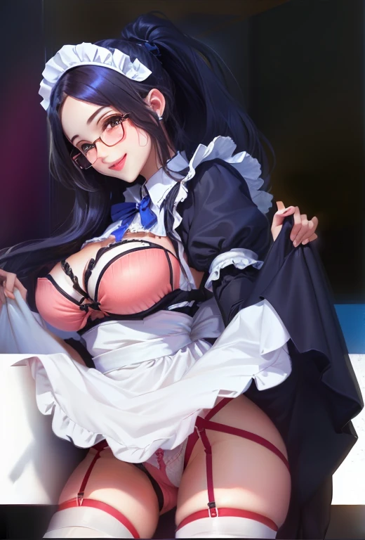 Extremely detailed artger, Qatar, Maid outfit, OPPEIN，Full breasts，Lift up your skirt，Glasses，Smile