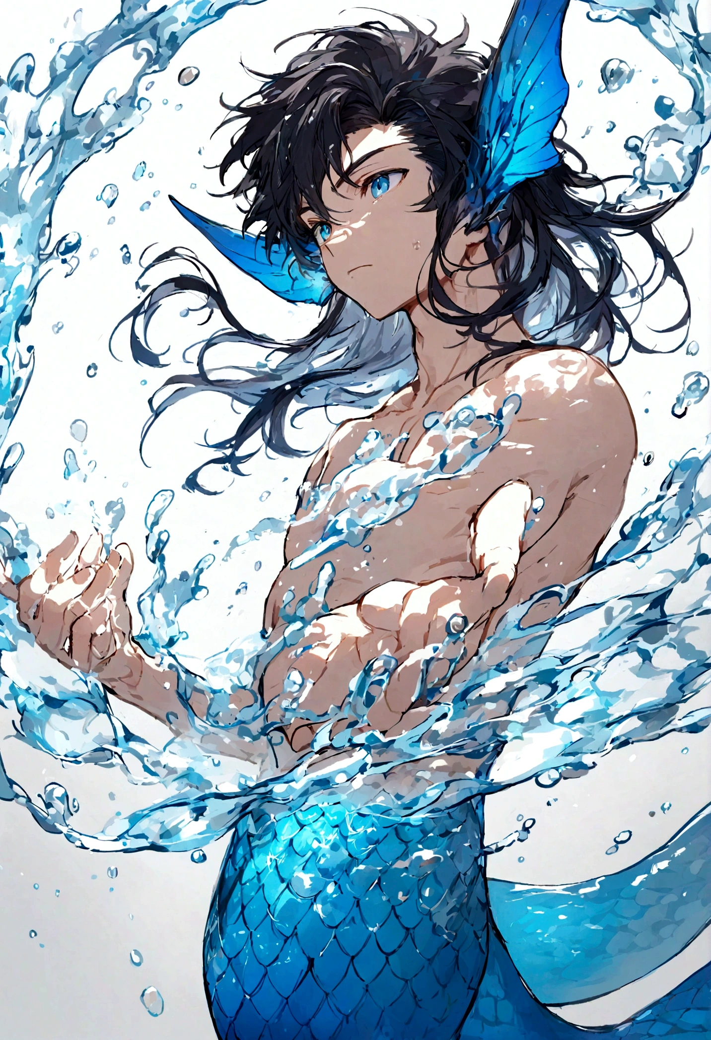 Male Black hair to waist length, 2 blue strands, blue eyes, male mermaid blue tail, fins at elbows, fish ears, uses water magic, shirtless