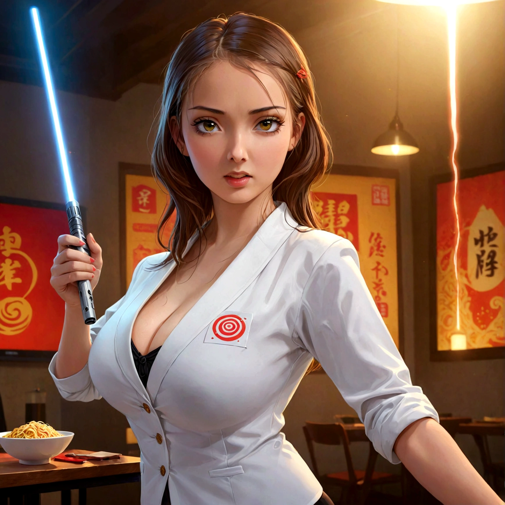 A lovely woman, business attire, confident stance, wielding a laser sword ramen advertisement 'obliterate your hunger'