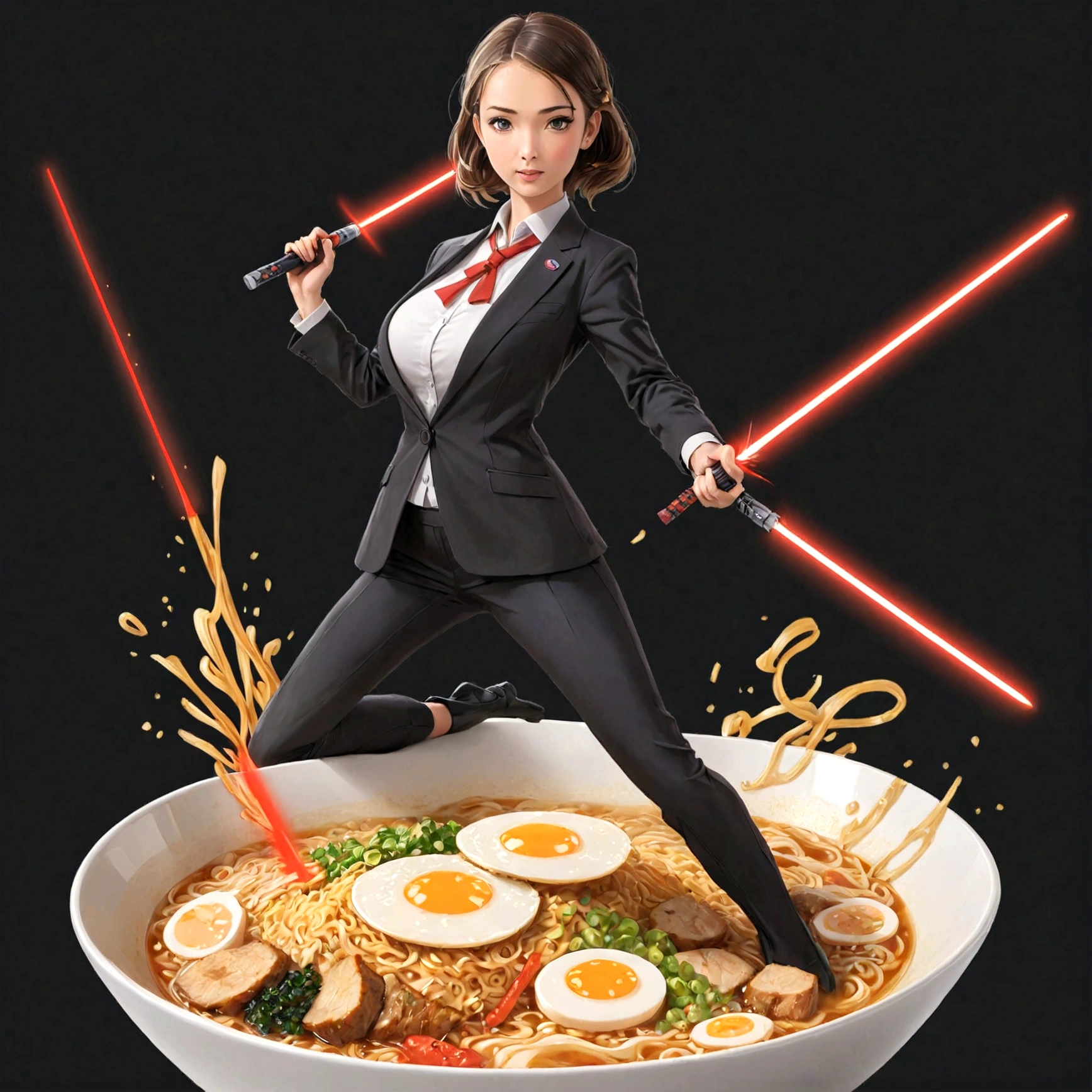 A lovely woman, business attire, confident stance, wielding a laser sword ramen advertisement 'obliterate your hunger'