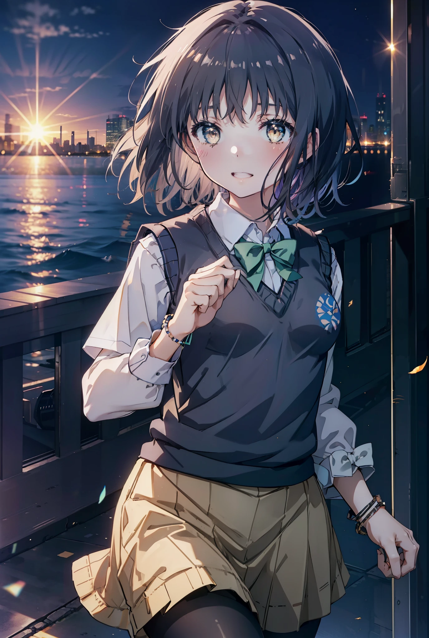 masterpiece, highest quality, Confused, Perfect Anatomy, 1 girl, alone, Itsuwa,short hair,Black Hair,Brown eyes,smile,blush,Open your mouth,Happy atmosphere,break skirt, shirt, bow, ribbon, , white shirt, Short sleeve, Pleated skirt, collared shirt, mini skirt, bowtie, 黒いloafers , Black Skirt, Black pantyhose, loafers, green bow, whole bodyがイラストに入るように, (blue sweater vest:1.5),evening,Sunset,The sun is setting,walking,break outdoors, Building district,
break looking at viewer, whole body,
break (masterpiece:1.2), highest quality, High resolution, unity 8k wallpaper, (figure:0.8), (Beautiful fine details:1.6), Highly detailed face, Perfect lighting, Highly detailed CG, (Perfect hands, Perfect Anatomy),