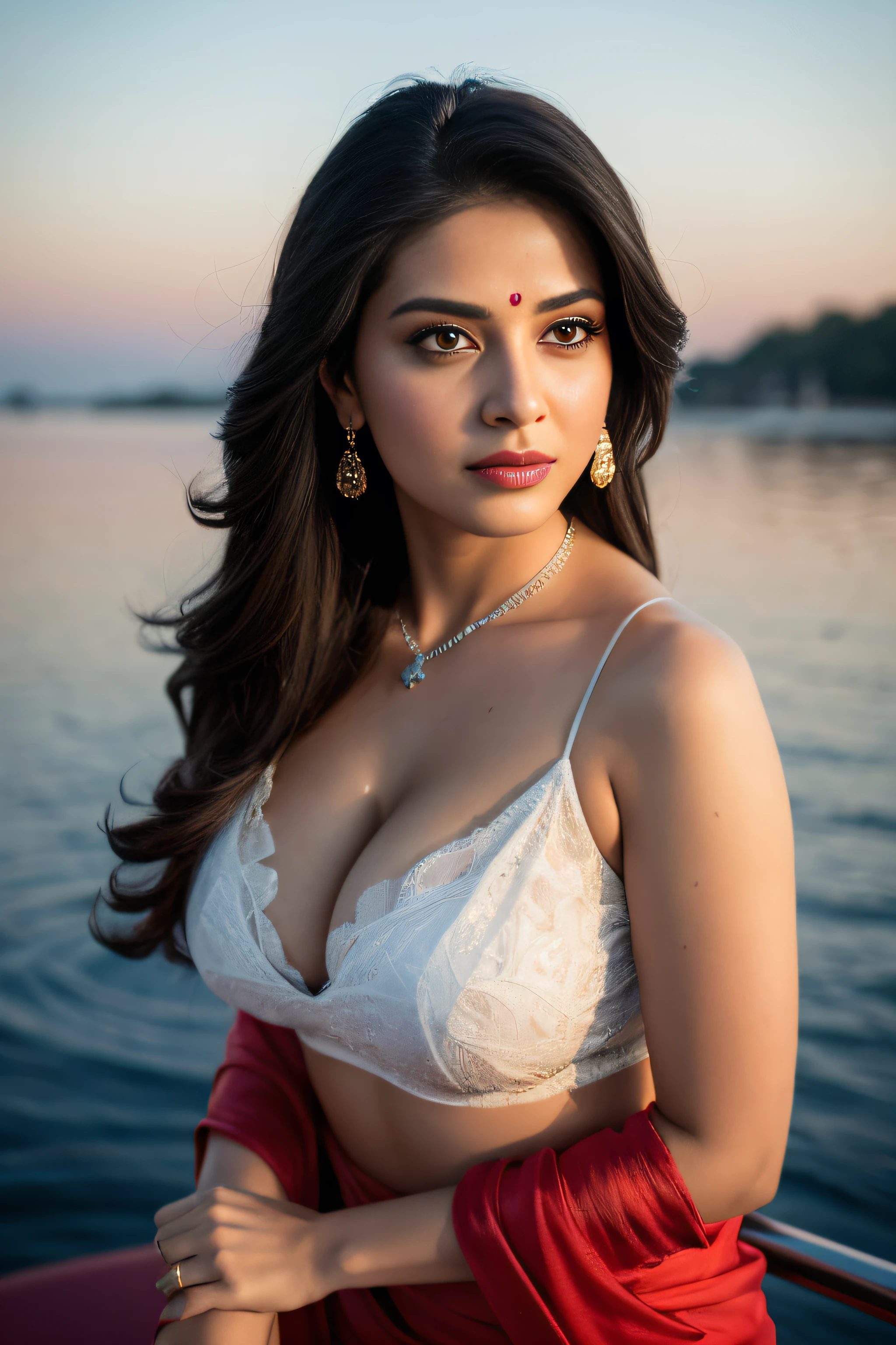 topless Portrait of A confident-looking indian woman with long flowing hair, hazel eyes, wearing silk saree, jewellery, c-cup breast sitting on water, club background, bokeh perfect composition, hyperrealistic, super detailed, 8k, high quality, trending art, trending on artstation, sharp focus, street photo, intricate details, highly detailed, art by greg rutkowski