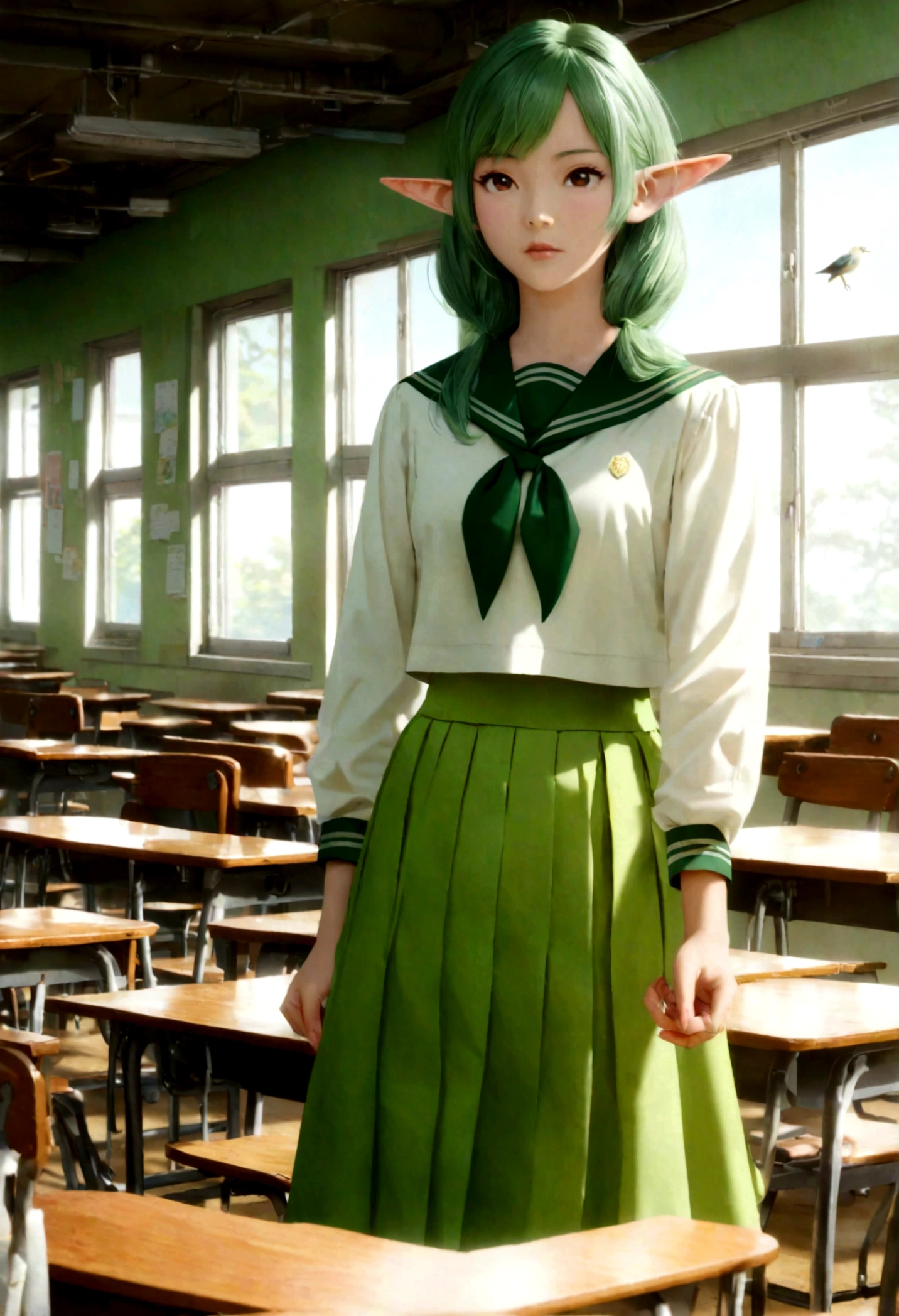 An elf girl in a high school classroom, pointy ears, in the style of light pink and light green, anime aesthetic, detailed serafuku, i can't believe how beautiful this is, photo-realistic techniques, birds & flowers, light gold and green,medium full shot