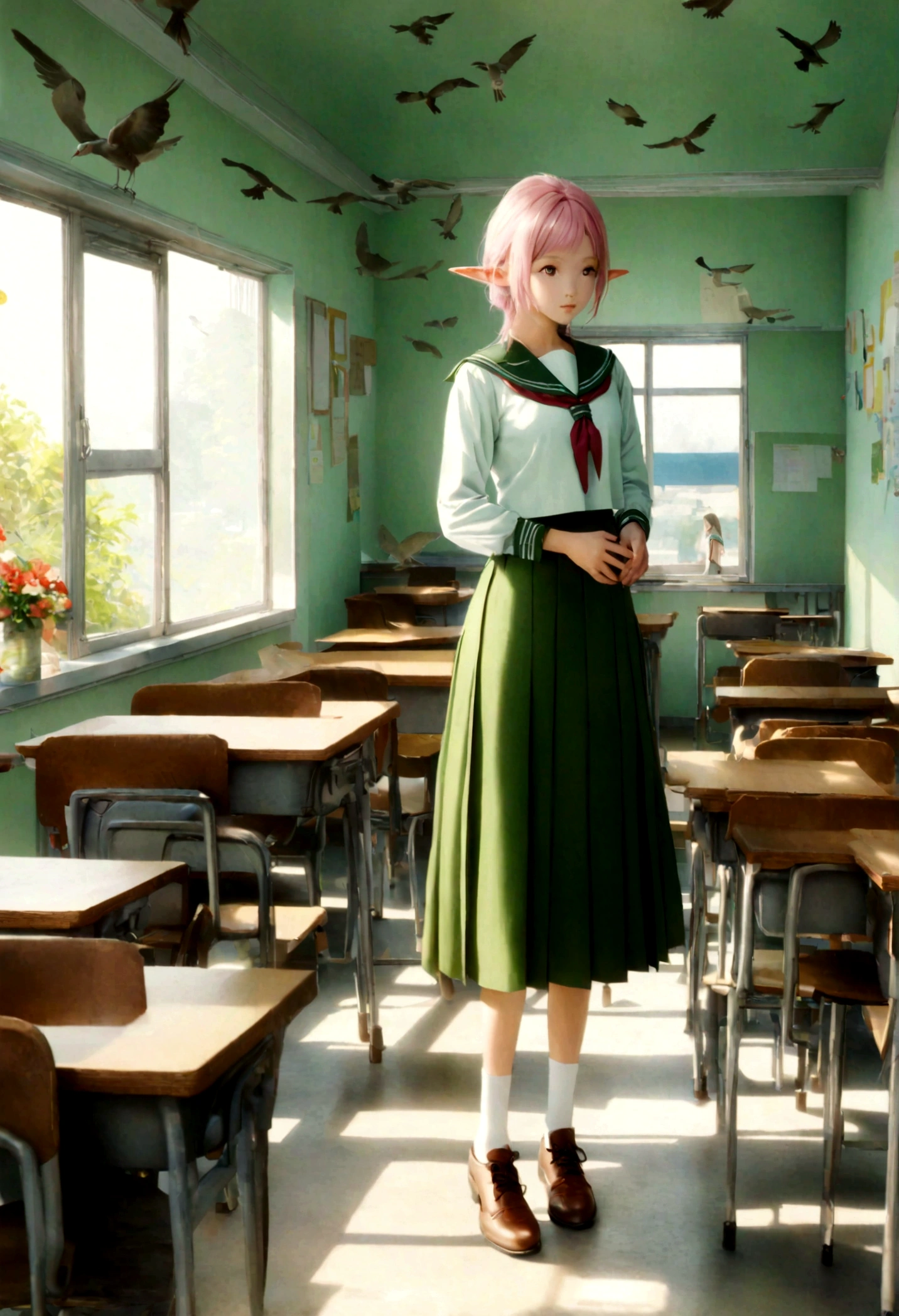 An elf girl in a high school classroom, pointy ears, in the style of light pink and light green, anime aesthetic, detailed serafuku, i can't believe how beautiful this is, photo-realistic techniques, birds & flowers, light gold and green,medium full shot