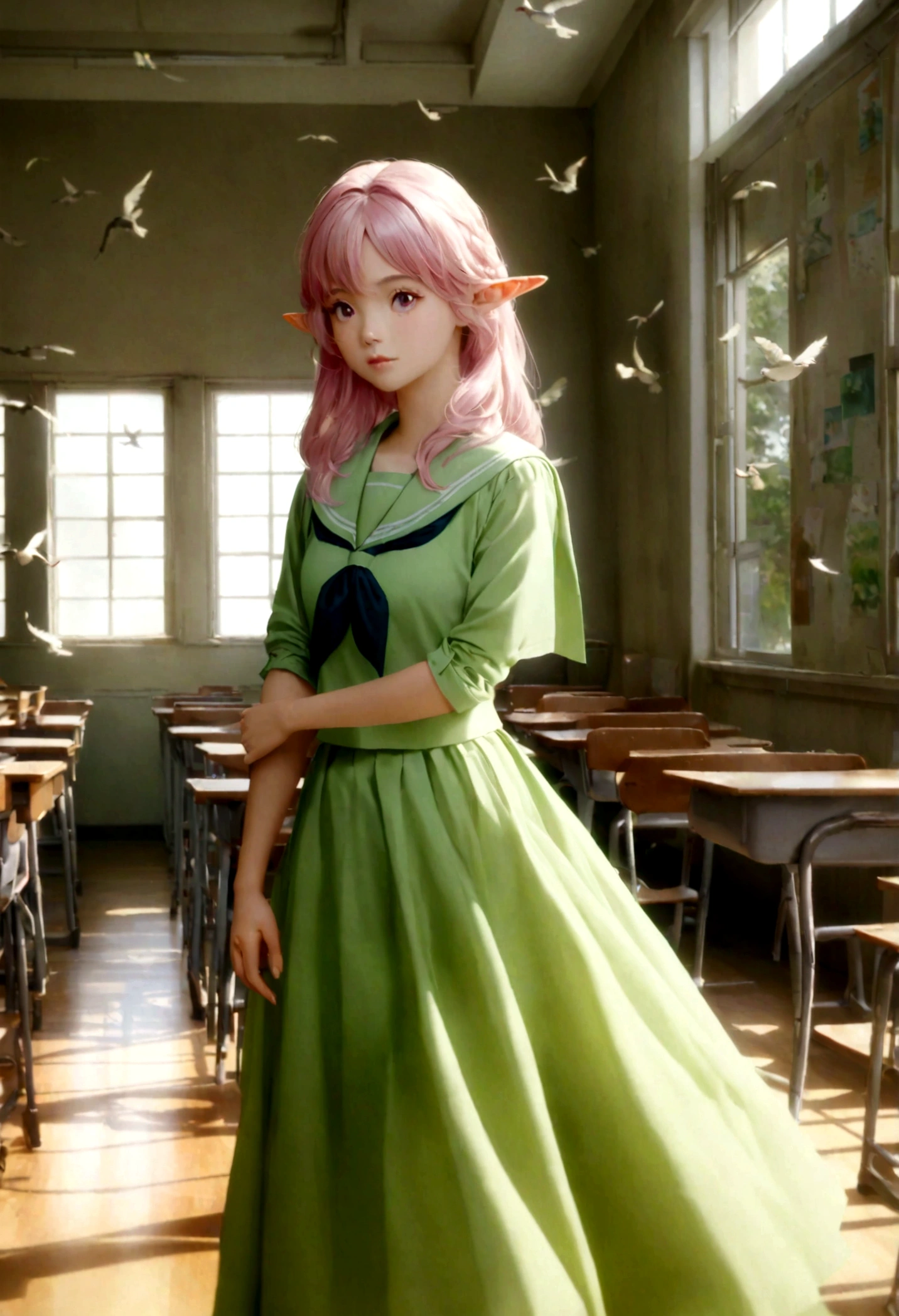 An elf girl in a high school classroom, pointy ears, in the style of light pink and light green, anime aesthetic, detailed serafuku, i can't believe how beautiful this is, photo-realistic techniques, birds & flowers, light gold and green，medium full shot