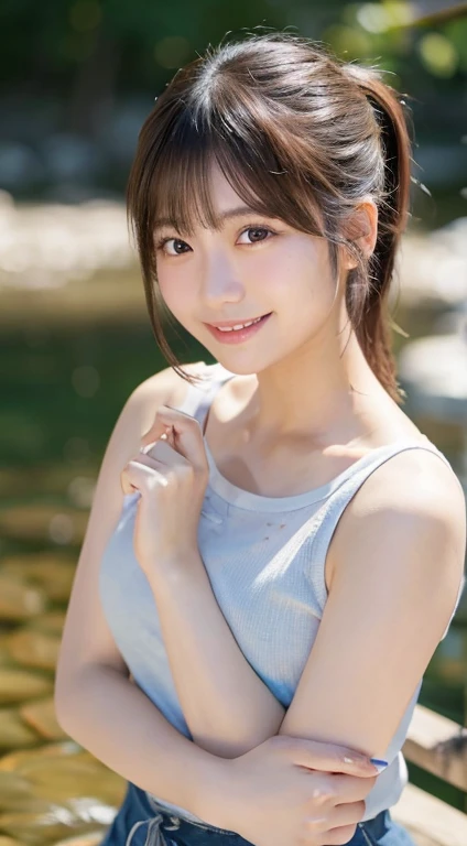 close-up of beautiful Japanese female, 20-year-old, cute, Japanese, Natural Lips, ponytail, wearing sleeveless shirt, at the stream side, bokeh background, UHD, perfect bodies, perfect arms, Perfect fingers, perfect legs, perfect hair, pores, Realistic skin texture, perfect teeth, full body, (highest quality, masterpiece:1.3, ultra high resolution), (Super detailed, caustics, 8k), (photorealistic:1.4, RAW shooting), 1 girl, (look at the camera with a smile)