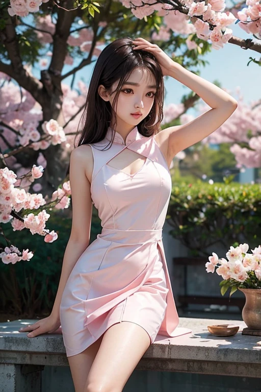 Picture of a beautiful Thai-Korean model with a good figure wearing a short white evening dress. Elegant pink tone, thin, light, light, clear. Perfectly combined with the large white and pink peach blossoms on the hem of the short skirt. It&#39;s like a flower that is part of your body. She wears high heels And the overall color tone is a harmonious pink-white gradient. Create a combination of fashion and pure nature. Digital Art Light Background 84k