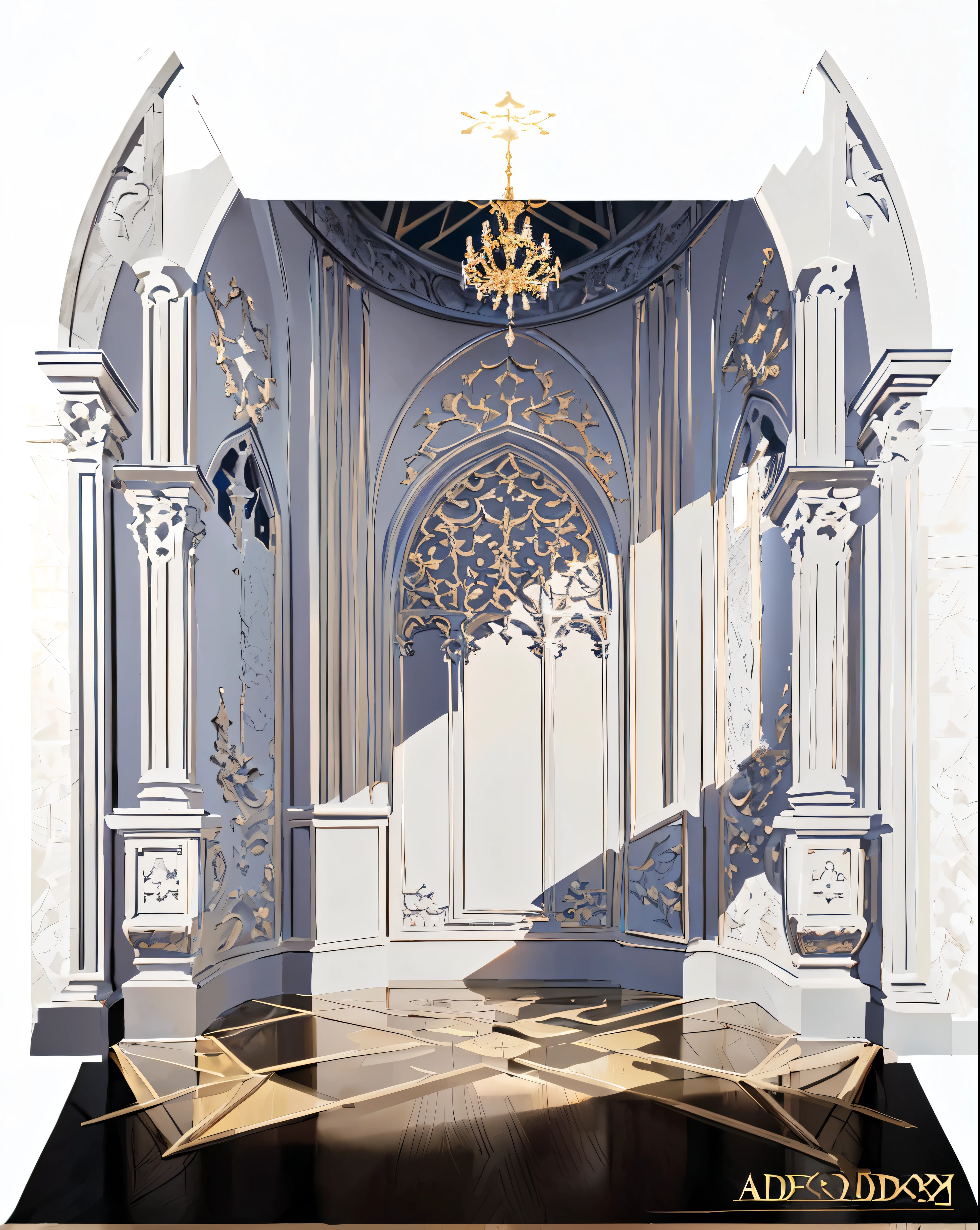 There is a drawing of a room with a chandelier,There is also a chandelier, Gothic interior, Detailed 3D Gothic painting, Neo-Gothic concept, baroque style interior, architecture, Interior Background Art, Baroque background, Baroque Figures, Baroque environment, Gothic Epic Library Concept, architectural illustration, Gorgeous background, Photography isometric cathedral, Marble room, High quality architecture art