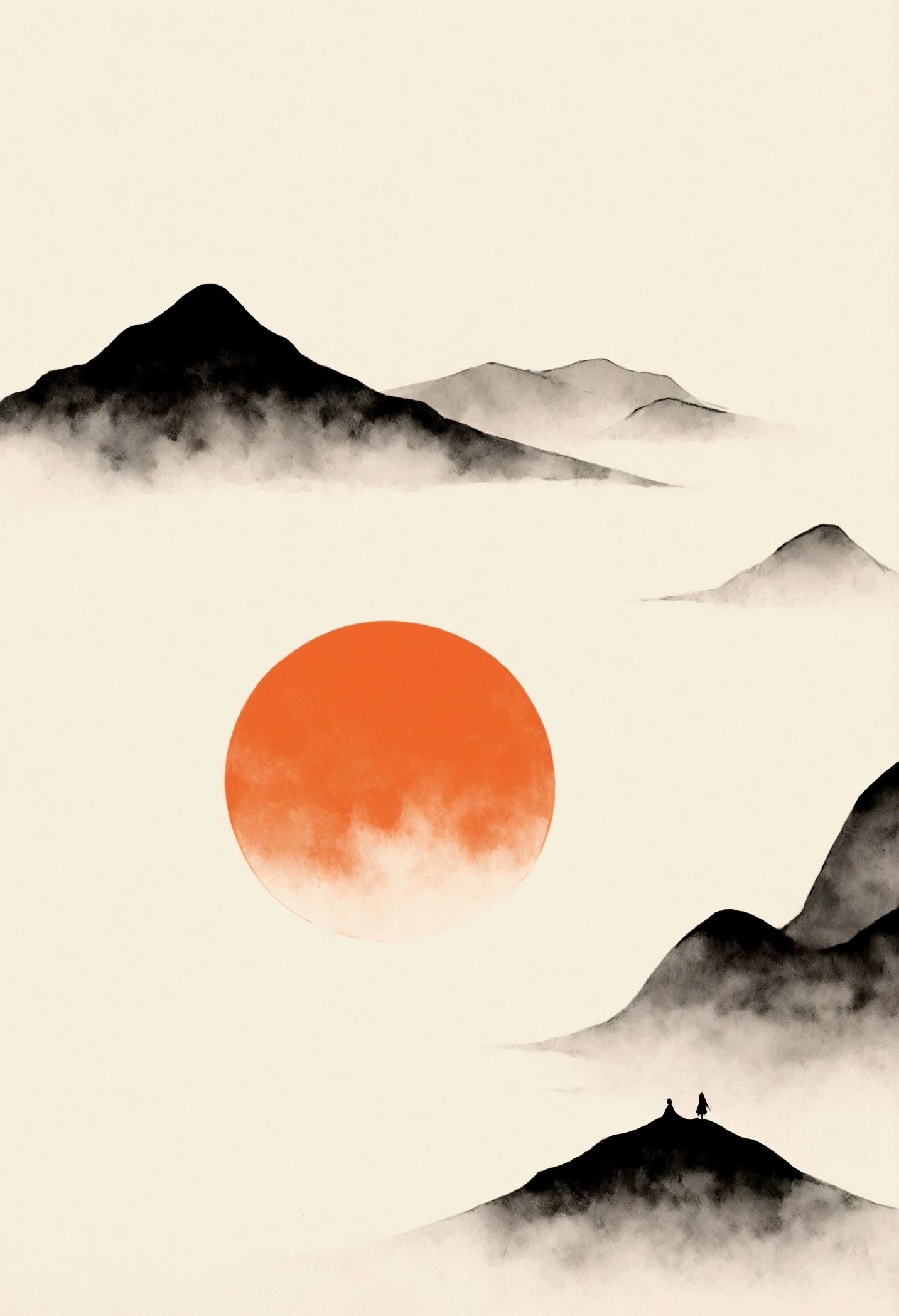 (大量留white:1.5)，white, white色背景, simple, Minimalism, abstract,Freehand，Aesthetic，黑与white，Ink Painting，antiquity，Lotus，Mountain，Girl drinking tea in the distance