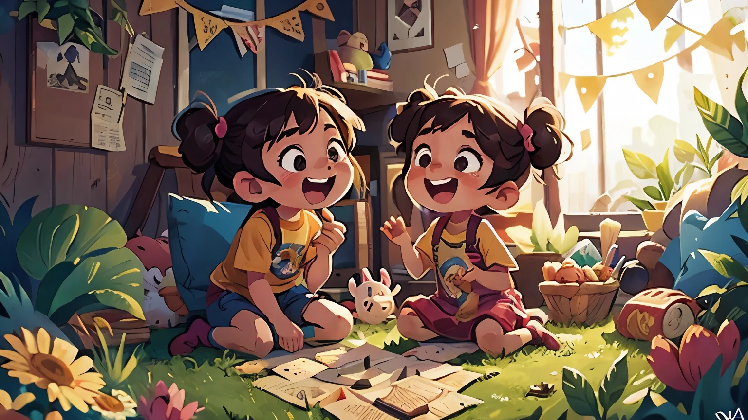 Two children, best friends, playing and laughing together, 8K, high detailed, Disney Pixar style, joyful and vibrant atmosphere