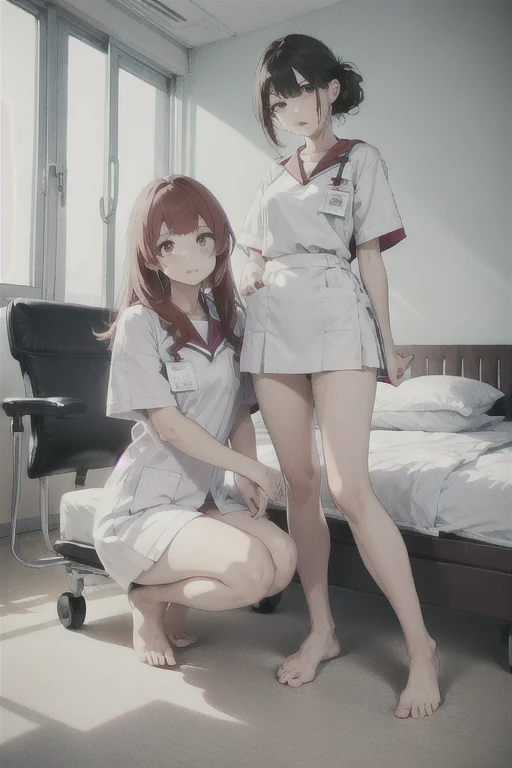 2 girls, Redhead, Updo, Facial hair stripes, Red eyes, mascara,  skirt, Sagging under the eyes、feet,  Impact, 8k, masterpiece,Thighs,color、Sailor suit、uniform、skirtを捲り上げる、(skirtめくり:1)、pants、erotic、sexy、Thighs、Lesbian、Are sleeping、裸feet、Health Room、bed、病院のbed、Hospital room、Nurse uniform、Costumes、Patient and nurse