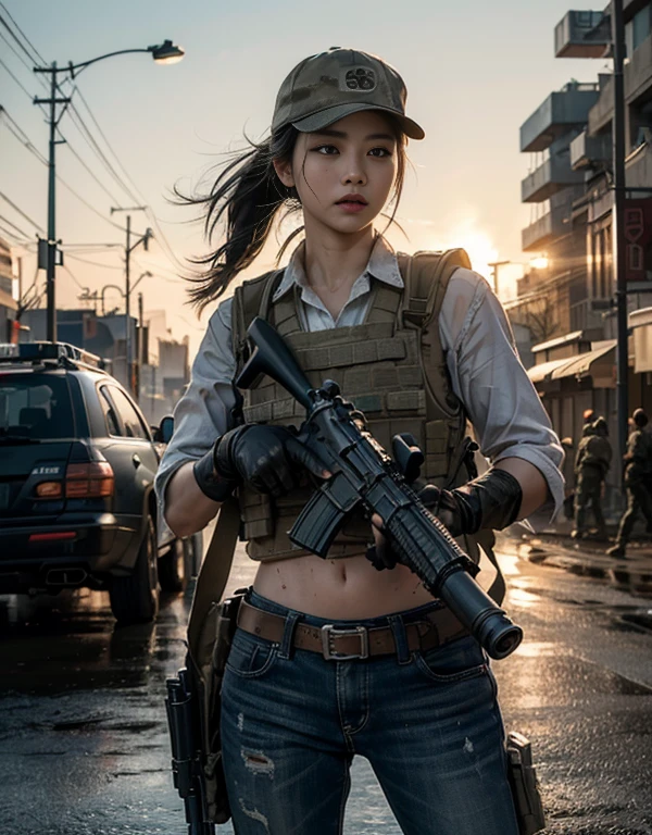 (8K, RAW photos, higheSt quality, maSterpiece:1.2),(realiStic, realiSticな写真:1.4),(Highly detailed CG Unity 8K wallpaper),(round face: 1.5), (detailed student:1.3),(cool eyeS:1.1),(Unforgettable eyeS:1.1),(Your eyeS are So beautiful:1.1),
24-yearS-old, japaneSe woman, Dirty Face, Full of ScarS、Shout、bronze Skin, U in clotheS.S. MarineS,bulletproof veSt、backpack、Heavy equipment、 Fighting on the 전장, Strong muScleS, world war, Modern war themeS,Army Girl, run、ASSault rifle with accurate detailS, (grab the rifle: 1.3), (Aim 과 hold the rifle.: 1.3), Shootout, army, U.S. Cities、baSeball cap, car on fire, war zone,, exploSion, The Burning City, cigarette, Torn tank tower, navel, Gloves, 破れたarmy用パンツ, A face Stained with mud and blood, Sweaty Skin, bloody Skin, muddy Skin, declaration of determination, exact expreSSion, higheSt quality, ultra high reSolution, realiSticな, Spirit、PhySically baSed rendering(PhySically baSed rendering(PhySically baSed rendering)), movie lights, complicated, cinematic appearance,Soft light like a movie, pleaSant tone, battlefield background, background of street fighting, realiStic, cowboy Shot, dynamic angle,, Mahindra Tar, wire, 8K!!, 偉大なmaSterpiece,, make: Tom Carafique、An impreSSive poSe turned around