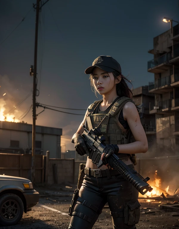 (8K, RAW photos, higheSt quality, maSterpiece:1.2),(realiStic, realiSticな写真:1.4),(Highly detailed CG Unity 8K wallpaper),(round face: 1.5), (detailed student:1.3),(cool eyeS:1.1),(Unforgettable eyeS:1.1),(Your eyeS are So beautiful:1.1),
24-yearS-old, japaneSe woman, Dirty Face, Full of ScarS、Shout、bronze Skin, U in clotheS.S. MarineS,bulletproof veSt、backpack、Heavy equipment、 Fighting on the 전장, Strong muScleS, world war, Modern war themeS,Army Girl, run、ASSault rifle with accurate detailS, (grab the rifle: 1.3), (Aim 과 hold the rifle.: 1.3), Shootout, army, U.S. Cities、baSeball cap, car on fire, war zone,, exploSion, The Burning City, cigarette, Torn tank tower, navel, Gloves, 破れたarmy用パンツ, A face Stained with mud and blood, Sweaty Skin, bloody Skin, muddy Skin, declaration of determination, exact expreSSion, higheSt quality, ultra high reSolution, realiSticな, Spirit、PhySically baSed rendering(PhySically baSed rendering(PhySically baSed rendering)), movie lights, complicated, cinematic appearance,Soft light like a movie, pleaSant tone, battlefield background, background of street fighting, realiStic, cowboy Shot, dynamic angle,, Mahindra Tar, wire, 8K!!, 偉大なmaSterpiece,, make: Tom Carafique、An impreSSive poSe turned around