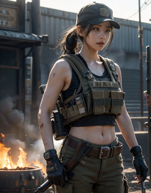 (8K, RAW photos, higheSt quality, maSterpiece:1.2),(realiStic, realiSticな写真:1.4),(Highly detailed CG Unity 8K wallpaper),(round face: 1.5), (detailed student:1.3),(cool eyeS:1.1),(Unforgettable eyeS:1.1),(Your eyeS are So beautiful:1.1),
24-yearS-old, japaneSe woman, Dirty Face, Full of ScarS、Shout、bronze Skin, U in clotheS.S. MarineS,bulletproof veSt、backpack、Heavy equipment、 Fighting on the 전장, Strong muScleS, world war, Modern war themeS,Army Girl, run、ASSault rifle with accurate detailS, (grab the rifle: 1.3), (Aim 과 hold the rifle.: 1.3), Shootout, army, U.S. Cities、baSeball cap, car on fire, war zone,, exploSion, The Burning City, cigarette, Torn tank tower, navel, Gloves, 破れたarmy用パンツ, A face Stained with mud and blood, Sweaty Skin, bloody Skin, muddy Skin, declaration of determination, exact expreSSion, higheSt quality, ultra high reSolution, realiSticな, Spirit、PhySically baSed rendering(PhySically baSed rendering(PhySically baSed rendering)), movie lights, complicated, cinematic appearance,Soft light like a movie, pleaSant tone, battlefield background, background of street fighting, realiStic, cowboy Shot, dynamic angle,, Mahindra Tar, wire, 8K!!, 偉大なmaSterpiece,, make: Tom Carafique、An impreSSive poSe turned around