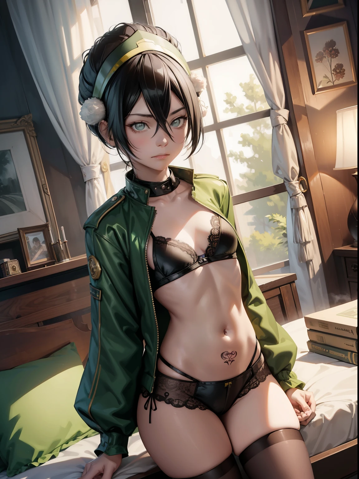 Toph beifong  ,1girl , anime , masterpiece  , Black hair,green jaqueta aberta open clothes ,toph beifong , disappointed face , solo, **** body, gren jacket, open clothes, bra , flat chest ,shorts , looking at viewer , bedroom . Uterus tattoo 