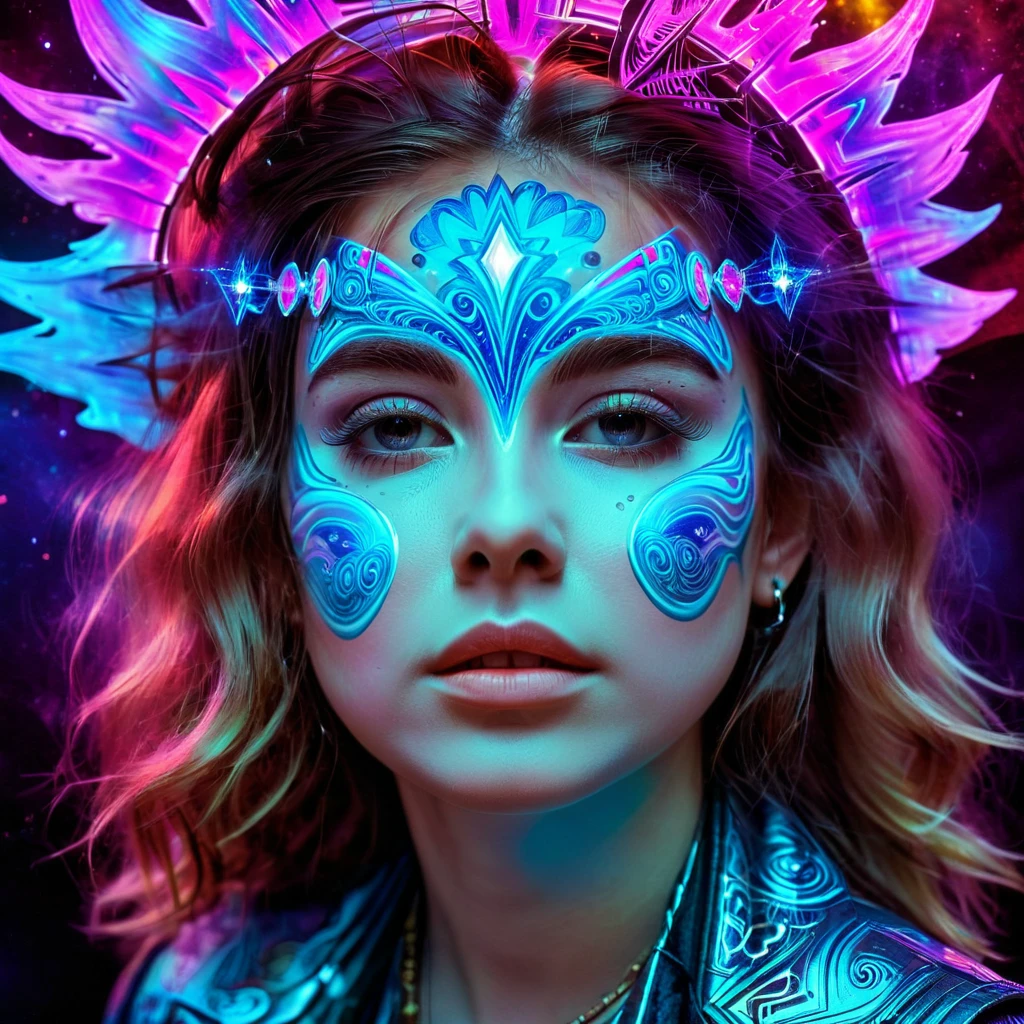 1girl, psychedelicluminescent, face accesories, attractive, astral vignette, epicRealism, UHD, 8k, super detailed