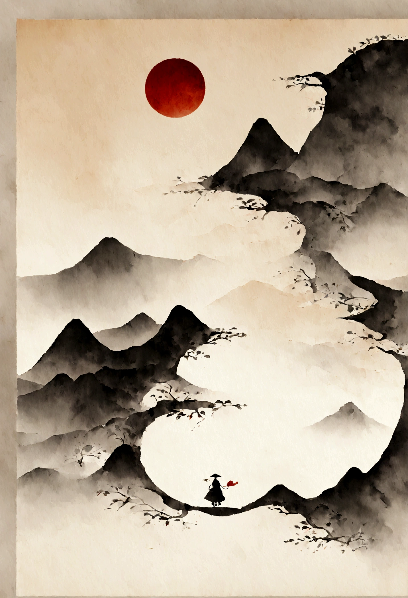 (大量留white:1.5),white, white色背景, simple, Minimalism, abstract,Freehand,Aesthetic,黑与white,Ink Painting,antiquity,Mountain,People in the distance