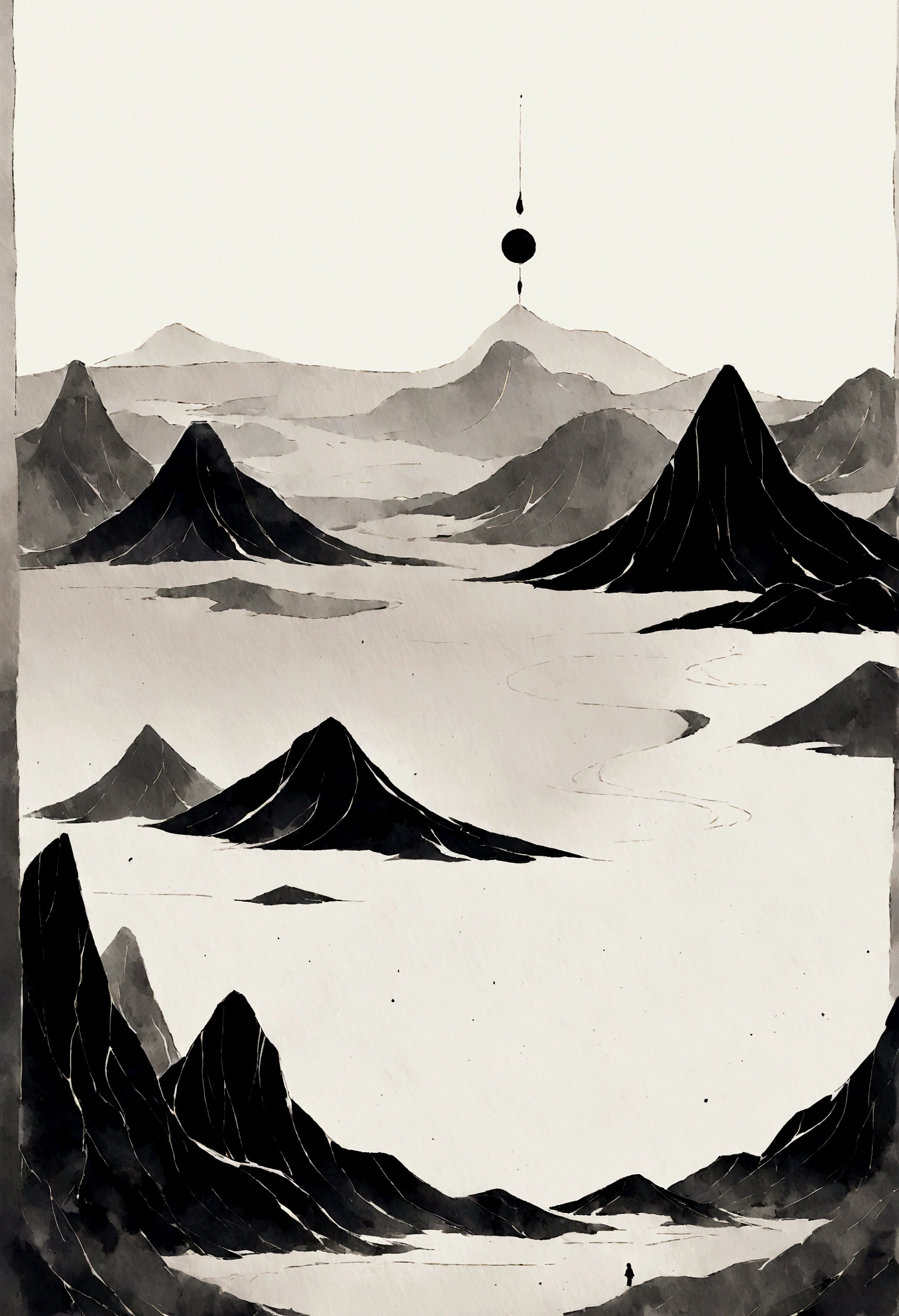 (大量留white:1.5)，white, white色背景, simple, Minimalism, abstract,Freehand，Aesthetic，黑与white，Ink Painting，antiquity，Mountain，People in the distance