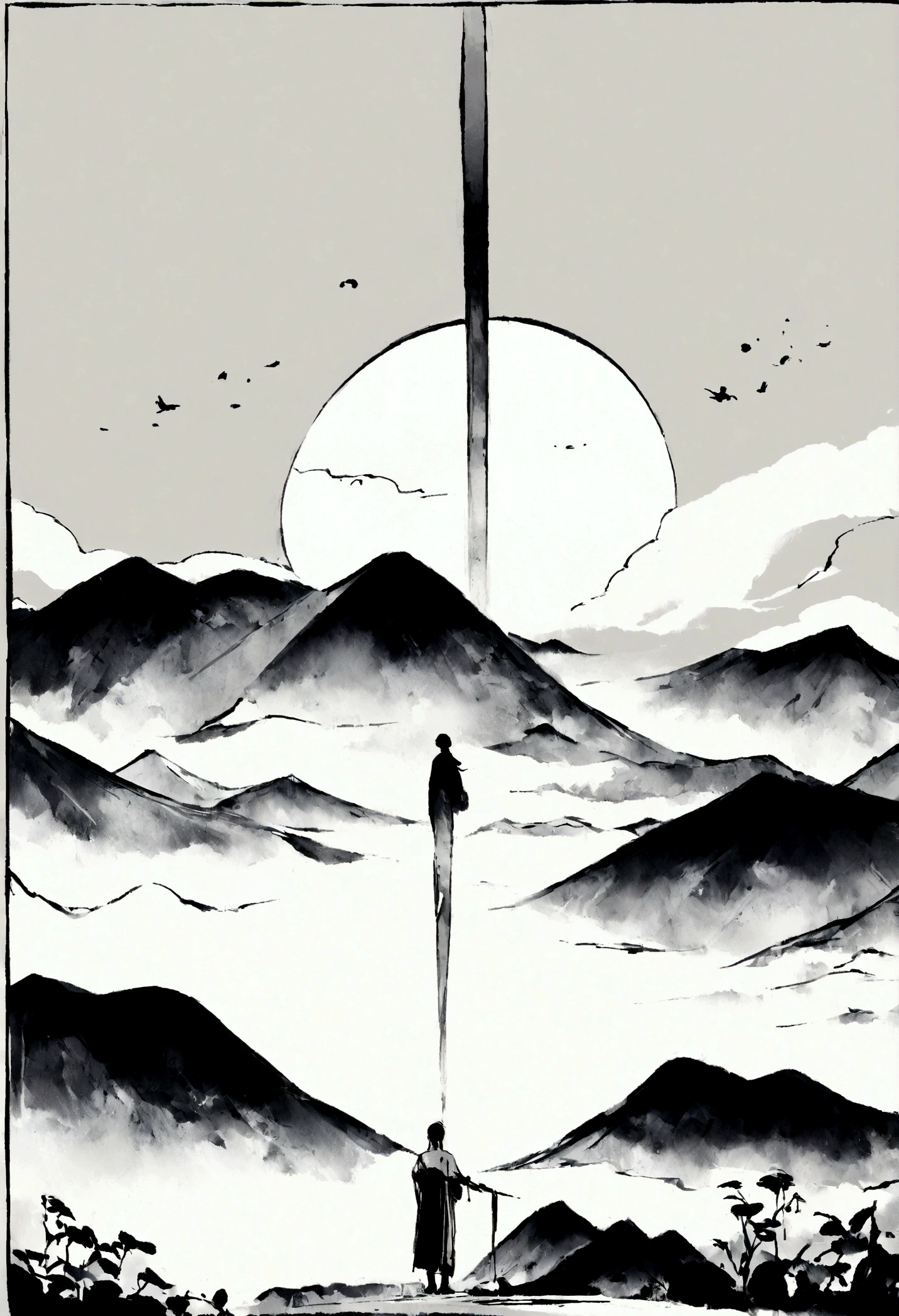 (大量留white:1.5),white, white色背景, simple, Minimalism, abstract,Freehand,Aesthetic,黑与white,Ink Painting,antiquity,Mountain,People in the distance