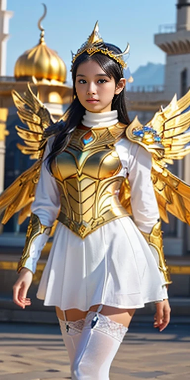 Female, 20 years old, short black wavy hair、bangss、Puffy nipple、(White Turtleneck Knit), (( long sleeve underwear)), (Gold long skirt), long White stocking, cute face, Indonesia cute teen girls long dress in white and gold with wings and a sword, (wearing hijab:1.2),((covered underwear)), (full iron golden armor:1.2), ((take Sword)), (wearing gold wing crown), ((gemstone:1.2), ((Wing-shaped gold ornament on the head)), ornate cosplay, as a mystical valkyrie, the sailor galaxia, beautiful, white and gold priestess robes, anime cosplay, glamourous cosplay, with fiery golden wings, cosplay, professional cosplay, goddess of light, facing forward body angel, cosplayer, perfect makeup, perfect face, beautiful face, beautiful body, closed chest,showing huge breasts, closed legs, ((luxurious mosque background)), (flying body:1.0), (jewels:1.2), (Emitting light), (flying flowers:1.0), above clear water,  of heaven, smog, sunny weather