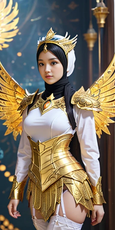 Female, 20 years old, short black wavy hair、bangss、Puffy nipple、(White Turtleneck Knit), (( long sleeve underwear)), (Gold long skirt), long White stocking, cute face, Indonesia cute teen girls long dress in white and gold with wings and a sword, (wearing hijab:1.2),((covered underwear)), (full iron golden armor:1.2), ((take Sword)), (wearing gold wing crown), ((gemstone:1.2), ((Wing-shaped gold ornament on the head)), ornate cosplay, as a mystical valkyrie, the sailor galaxia, beautiful, white and gold priestess robes, anime cosplay, glamourous cosplay, with fiery golden wings, cosplay, professional cosplay, goddess of light, facing forward body angel, cosplayer, perfect makeup, perfect face, beautiful face, beautiful body, closed chest,showing huge breasts, closed legs, ((luxurious mosque background)), (flying body:1.0), (jewels:1.2), (Emitting light), (flying flowers:1.0), above clear water,  of heaven, smog, sunny weather