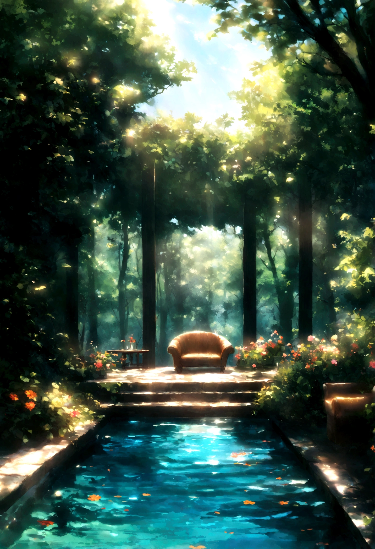 Chalet in the jungle,beauty,laid back,There are two floors,There was a sofa,furniture,HD,HD画质,very beautiful,Sunlight,Tree,forest,Nature,Flowers,pool