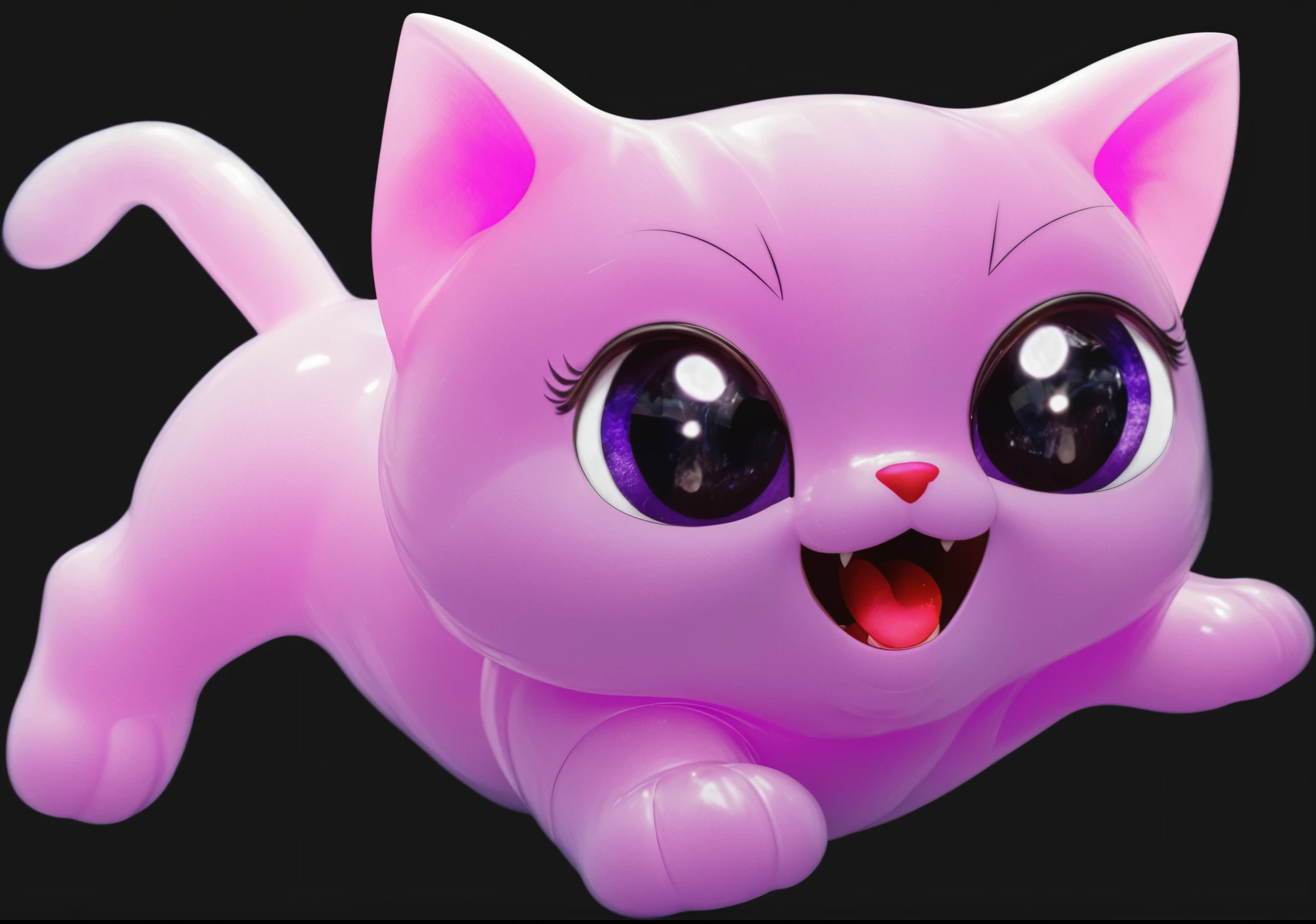 adorable cat-like creature big eyes, cute pink 3d cat, cute violet 3d realistic cat toy made of plastic at cartboard box glossy texture, smooth 3d model, glossy plastic texture, multiple light sources, rim light, sharp post effects render, most beautiful vfx, , realistic, 4k, high resolution, rim light, smooth 3d model. , (glossy plastic texture with multiple big light probe refractions)