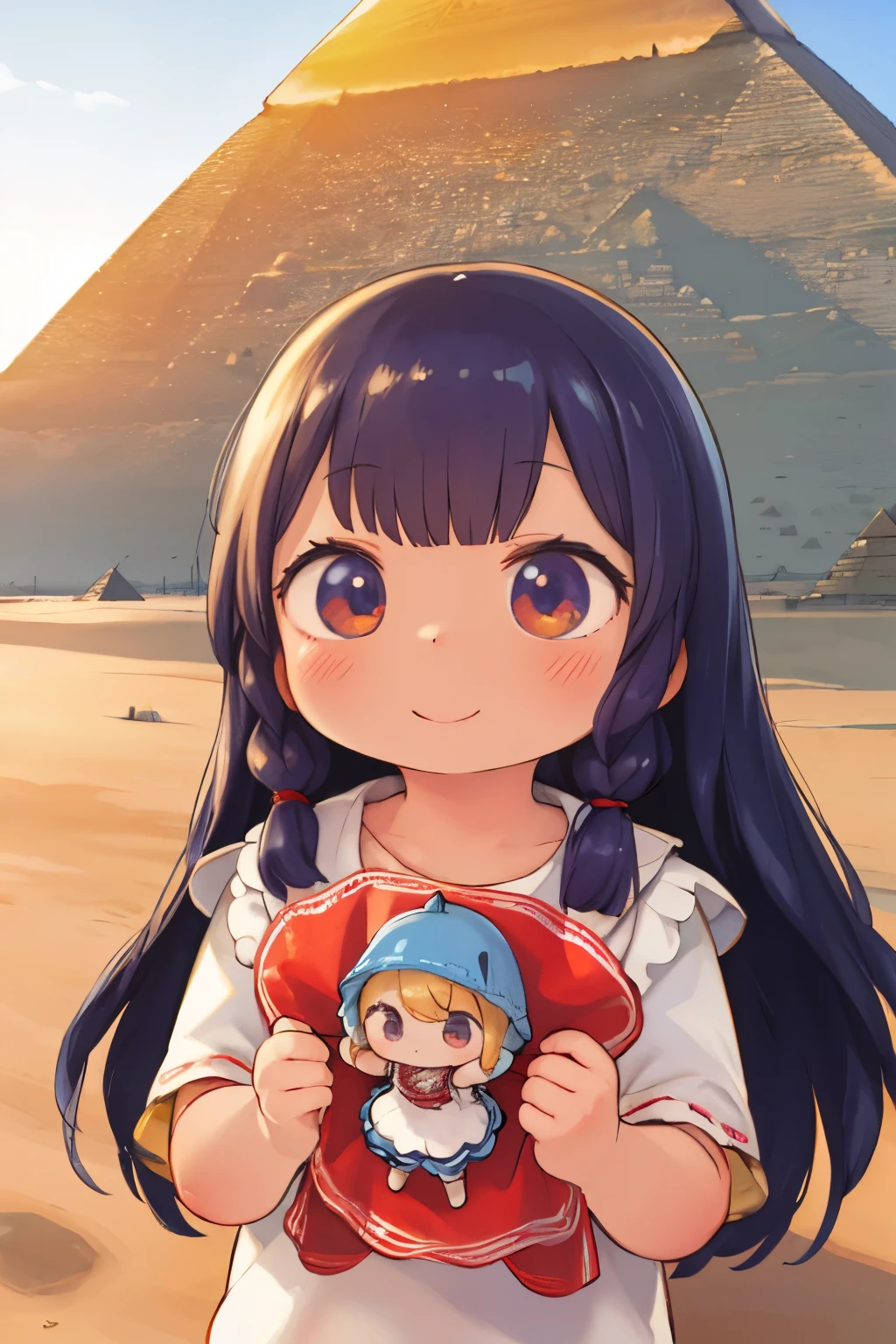 Photorealistic、Chibi Girl Doll（Visit the Egyptian Pyramids、smile、Adventurer Style）
