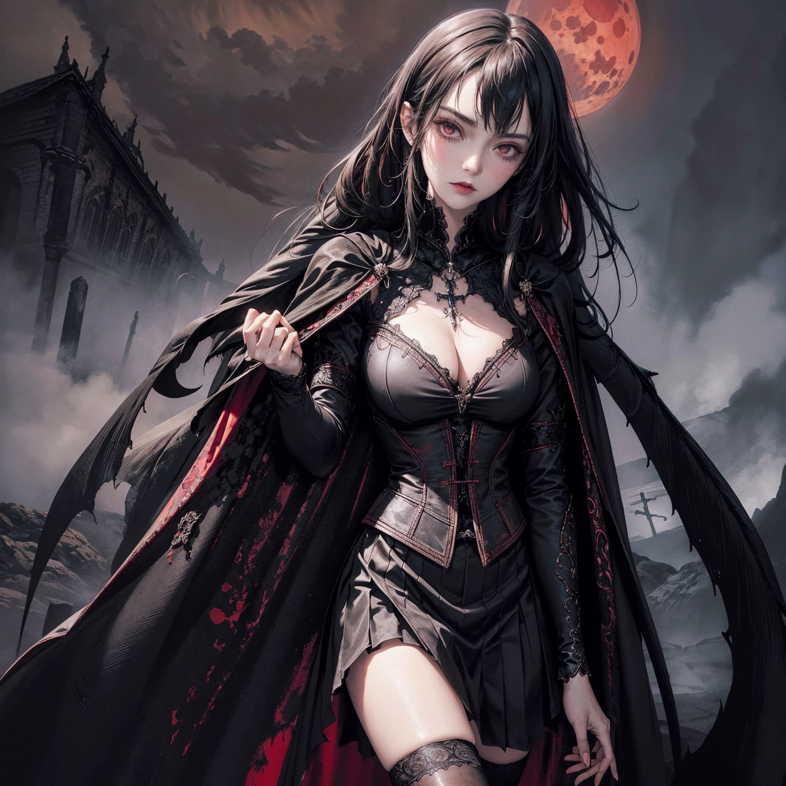 best quality, 4k, high resolution, masterpiece:1.2, Very detailed, actual:1.37, Mood lighting, Girl in a long cape, Wearing a tight gothic skirt that shows a little skin above the chest, Dangerous sneer, Black Hair, Standing, Positive face, Crucified, Pitch black sky, Blood-red moon, strange atmosphere, Gothic style, Unforgettable beauty, Dramatic shadows, Ethereal Light, Mysterious atmosphere.