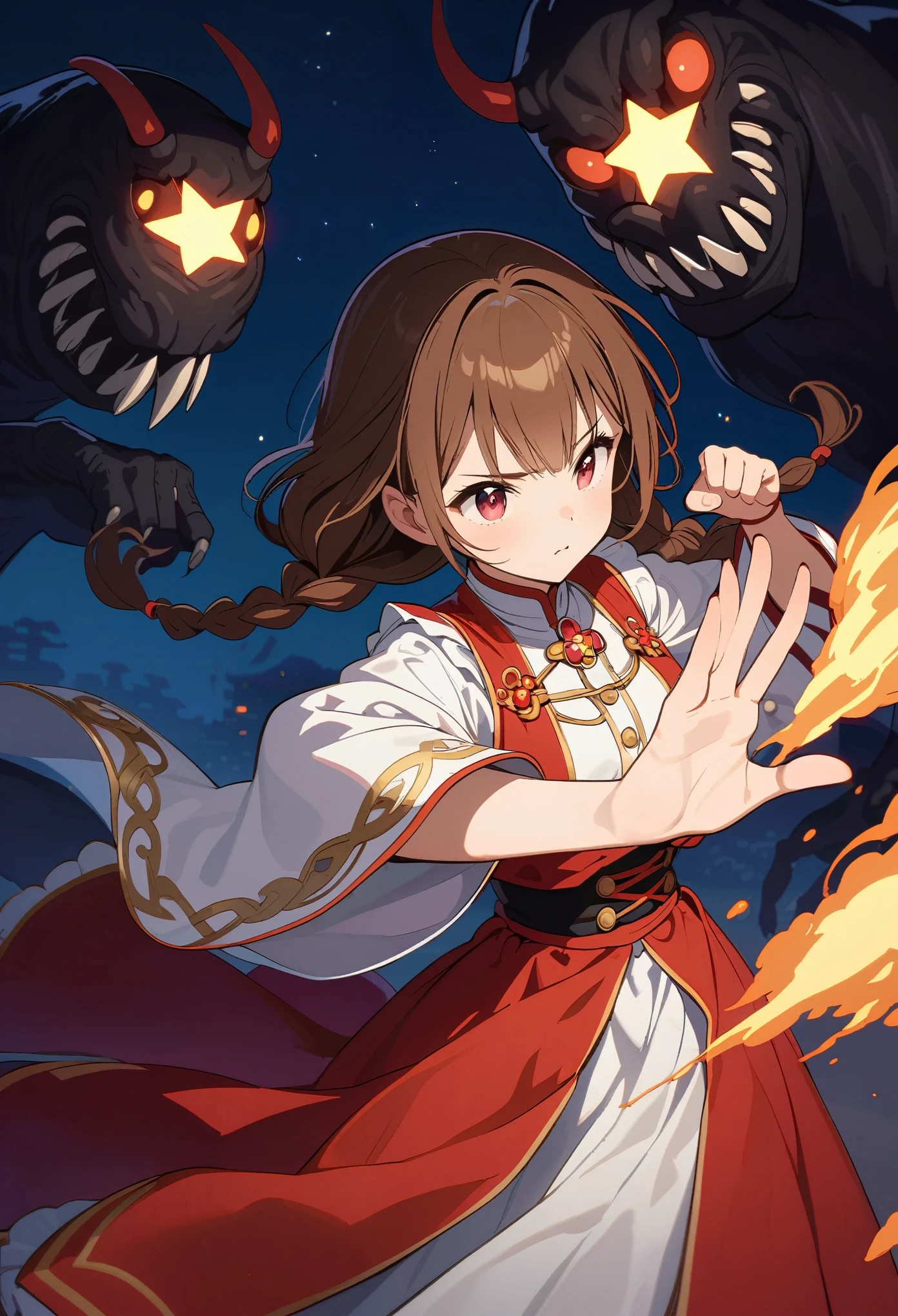 slope，An anime girl wearing a red skirt and black，She has brown hair and eyes。Her hair was tied into two small braids.，And wearing red flower ornaments on the ears。She wears a white blouse，It has gold buttons and pink cuffs.。Karate stance，Black smoke and a huge black monster are emitted from the top and around。Maiden fights monsters，The right hand，night，Star，Faint light，Clean and tidy style