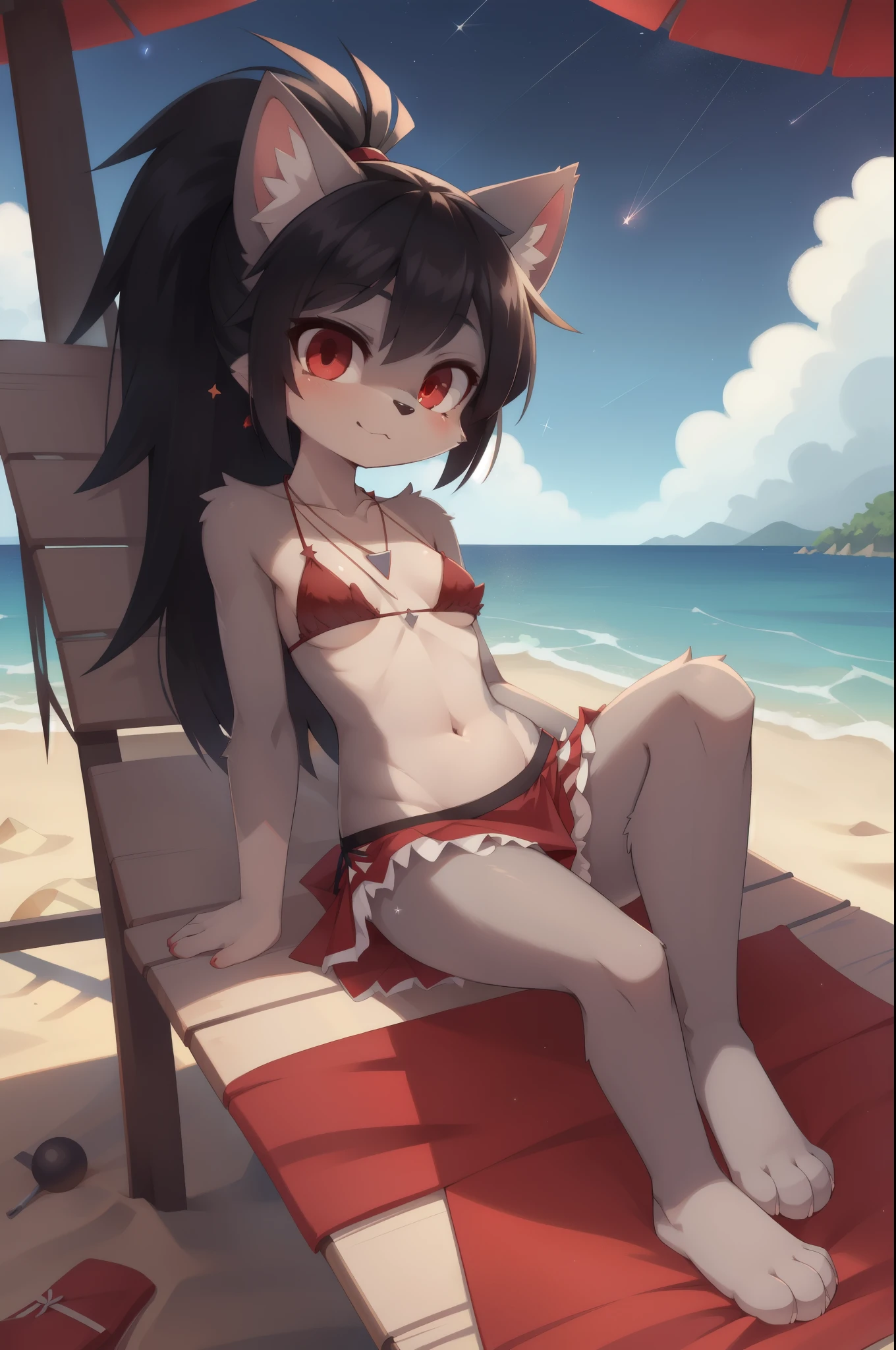 furry girl, wolf, black hair, punk hairstyle, long spiky ponytail, anime style, small breasts, red eyes, ((deep red bikini ruffled triangle, high cut bottom, star necklace, beach sarong with shooting stars on hips)), high quality, detailed body, detailed eyes, detailed face, masterpiece, glistening body, detailed body fur, best quality, two tone body, gray fur, clear gray fur, perfect lighting, perfect shadows, perfect eyes, perfect hair, perfect face, gorgeous body, skinny, sit on beach chair, solo, :3, cute, full body, feets with three toes, 3 toes,