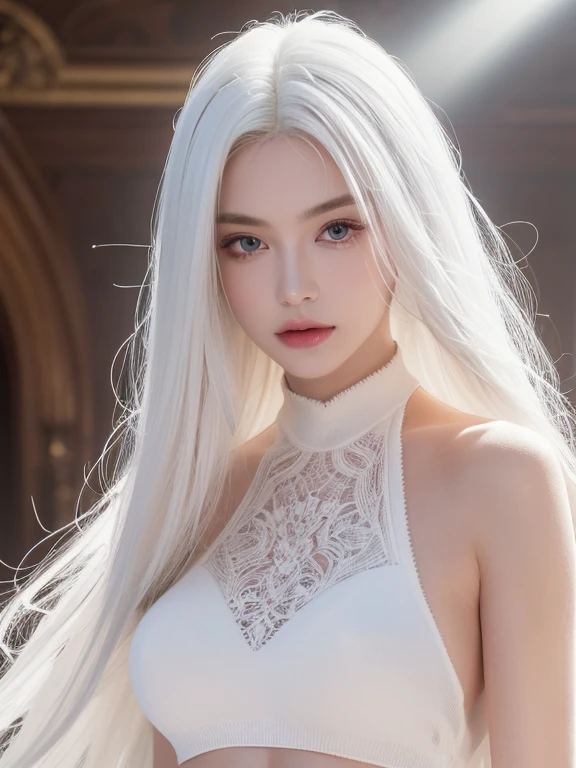 masterpiece, best quality, nearly perfect, (perfect face:1.1), (high detail:1.1), dramatic, (1 person), pale skin, (long pure white hair:1.4), white eyes, Otto Sepalainen, alone, long hair, white luxury suit, cover navel, snob, Albinism, Luminous Studio graphics engine, Pouting, Demonic Magician, Volumetric lighting, delicate eyes, (8k wallpaper masterpiece), Super detailed, intricate details, Absolutely pixel perfect, Rose, Fashion, side, looking at the audience, BalenciagaStyle