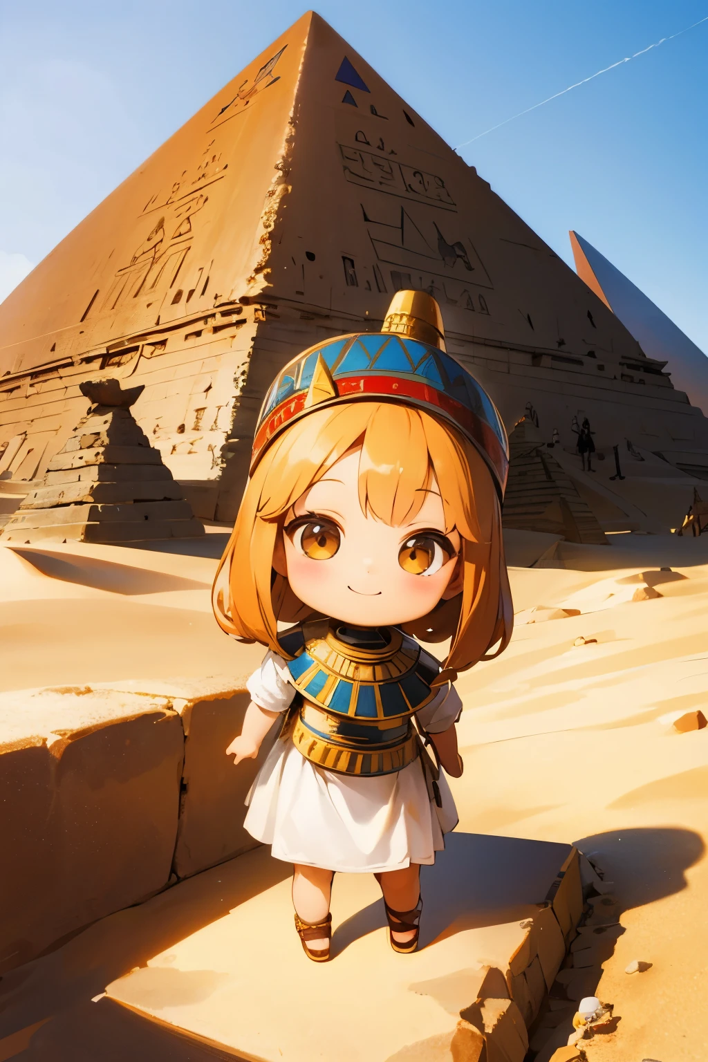 Photorealistic、Chibi Girl Doll(Visit the Egyptian Pyramids、smile、Adventurer Style)