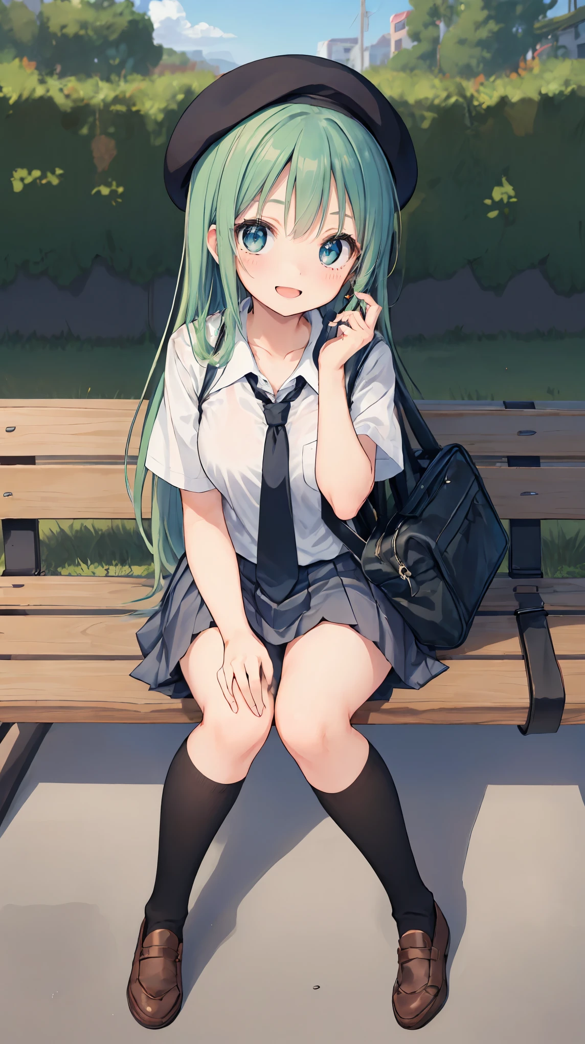 (masterpiece, highest quality), High resolution, Detailed face:1.2, (anime_style:1.2), Sharpness, 4K, A woman taking a photo, happy smile, Panic face, upset, Open your mouth, Long Hair, Green Hair, Straight hair, Fine skin, Beautiful Hands, Beautiful fingers, Wearing a beret, tie, Short sleeve blouse, Pleated skirt, school bag, Thighs, Absolute area, Knee socks, hand between legs, Hot summer day, School, Schoolyard, Sitting on a bench, holding Canned juice, Natural light, Sharp focus, Hasselblad Photography, Cinema Lighting, whole body, Canned juice,