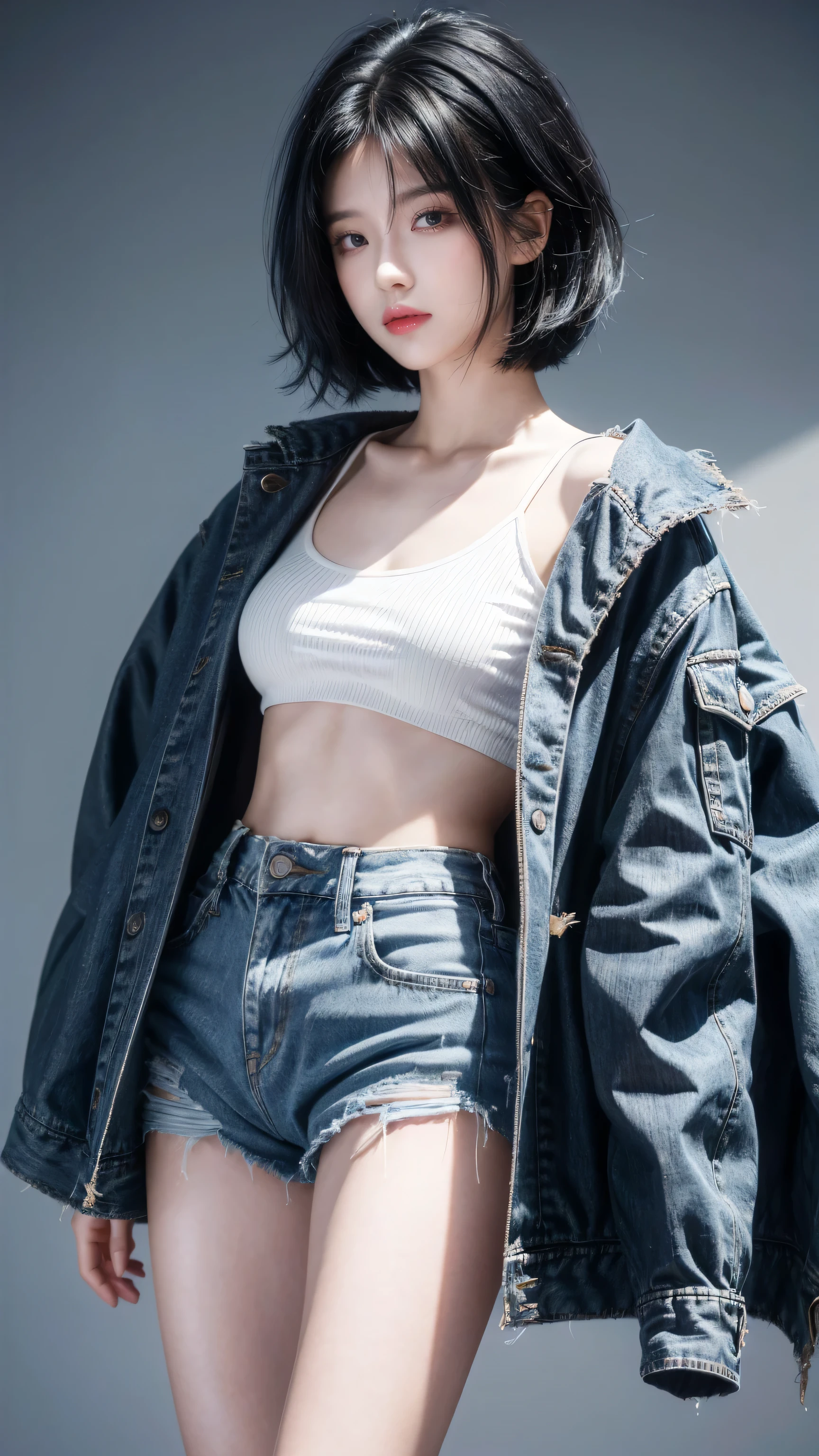 best quality, 1 Girl, dark blue hair, black eyes, Very short hair, Spiky hair,  Crop Top Drape, jean jacket, high waist short white、171 cm, Messy hair, Hair between the eyes, Medium breasts, full, Tomboy, aldult, 20 years old, 1 Girl on the roftop