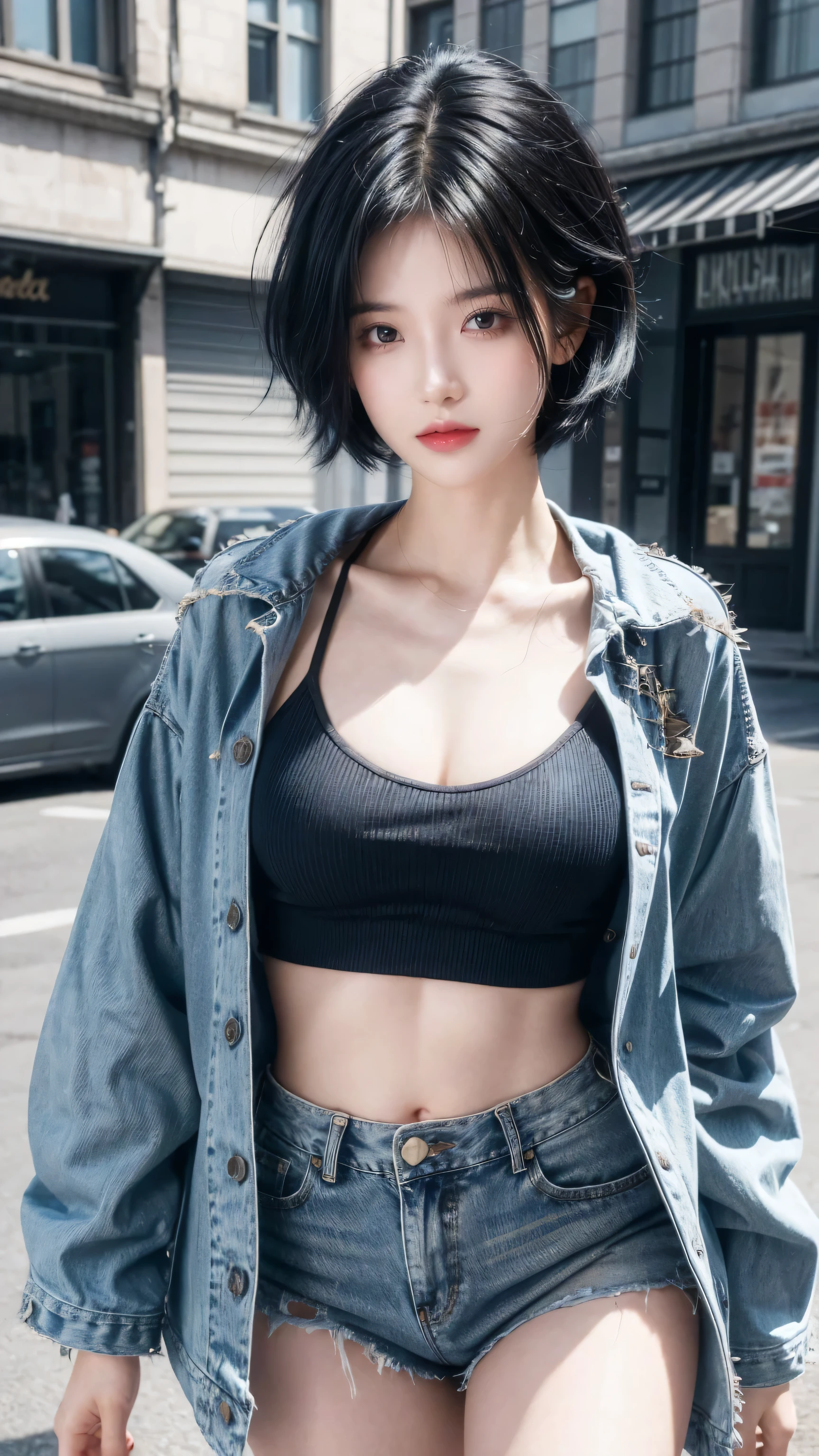 best quality, 1 Girl, dark blue hair, black eyes, Very short hair, Spiky hair, Crop Top Drape, jean jacket, high waist short white、171 cm, Messy hair, Hair between the eyes, Medium breasts, full, Tomboy, aldult, 20 years old, 1 Girl on the roftop