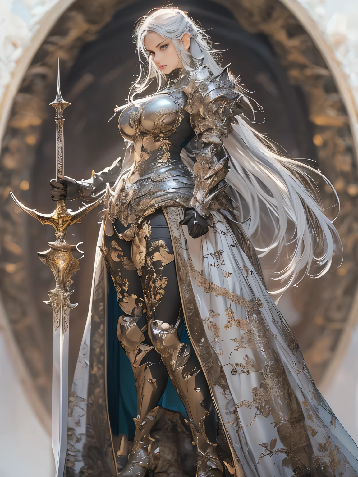 (8k, highest quality, masterpiece: 1.2), (Realistic, photoRealistic: 1.37), Super detailed, One Girl, Paladin with a sword imbued with light, Wide viewing angles, huge firm bouncing bust, Very delicate depiction, Miniature painting, Detailed depiction of the face, Detailed depiction of hair, Accurate skeleton, Dress with intricate patterns, Complicated armor, long thick sword