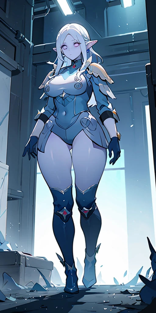 (masterpiece:1.2) (best quality:1.2) (Full body view from below) perfect eyes, perfect face, perfect lighting, 1girlMILF mature drow elf blue skin color, white hair, blue ayes, pointy ears, hyper realistic, Ultra detail, high res, blue bodysuit, blue gloves, bracelet, blue boots, extremely detailed, highly quality, 4k, sharp focus, professional, sharp focus, award winning, cinematic lighting, octane render, unreal engine, volumetrics dtx, Wallpaper