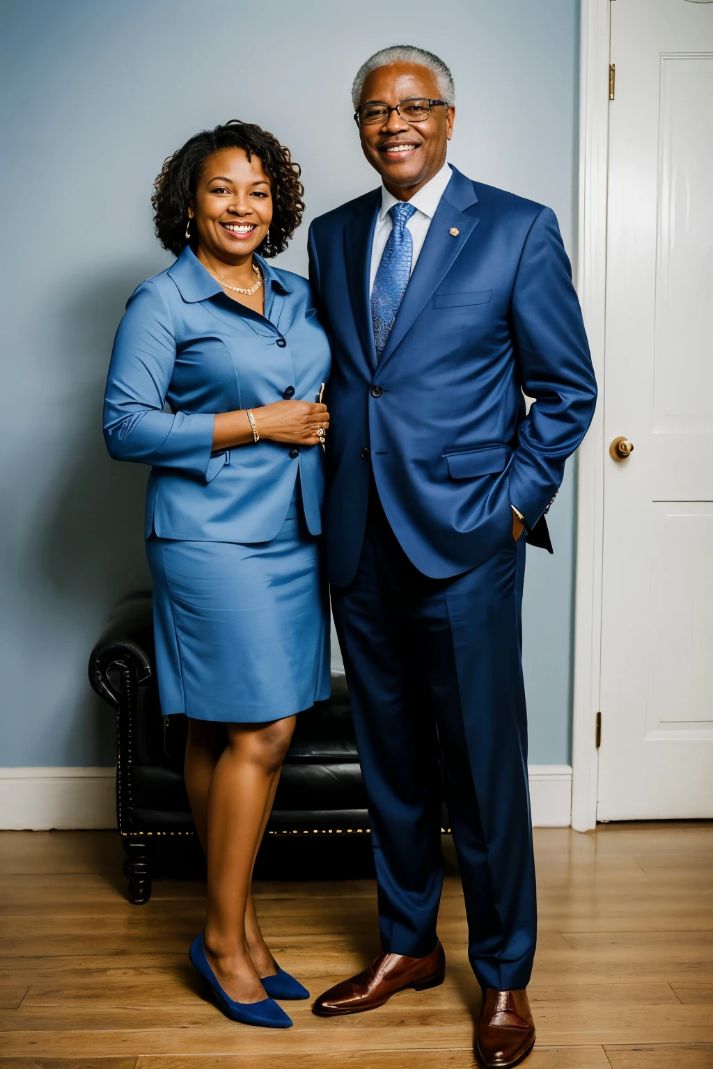 ((melhor qualidade)), ((Obra de arte)), (detalhado), create professional photography, full body photography of an African-American couple approximately 75 years old, executive clothing, blue color, hands, standing together, happy, showing successful posture, ultra hd, realistic photo.
