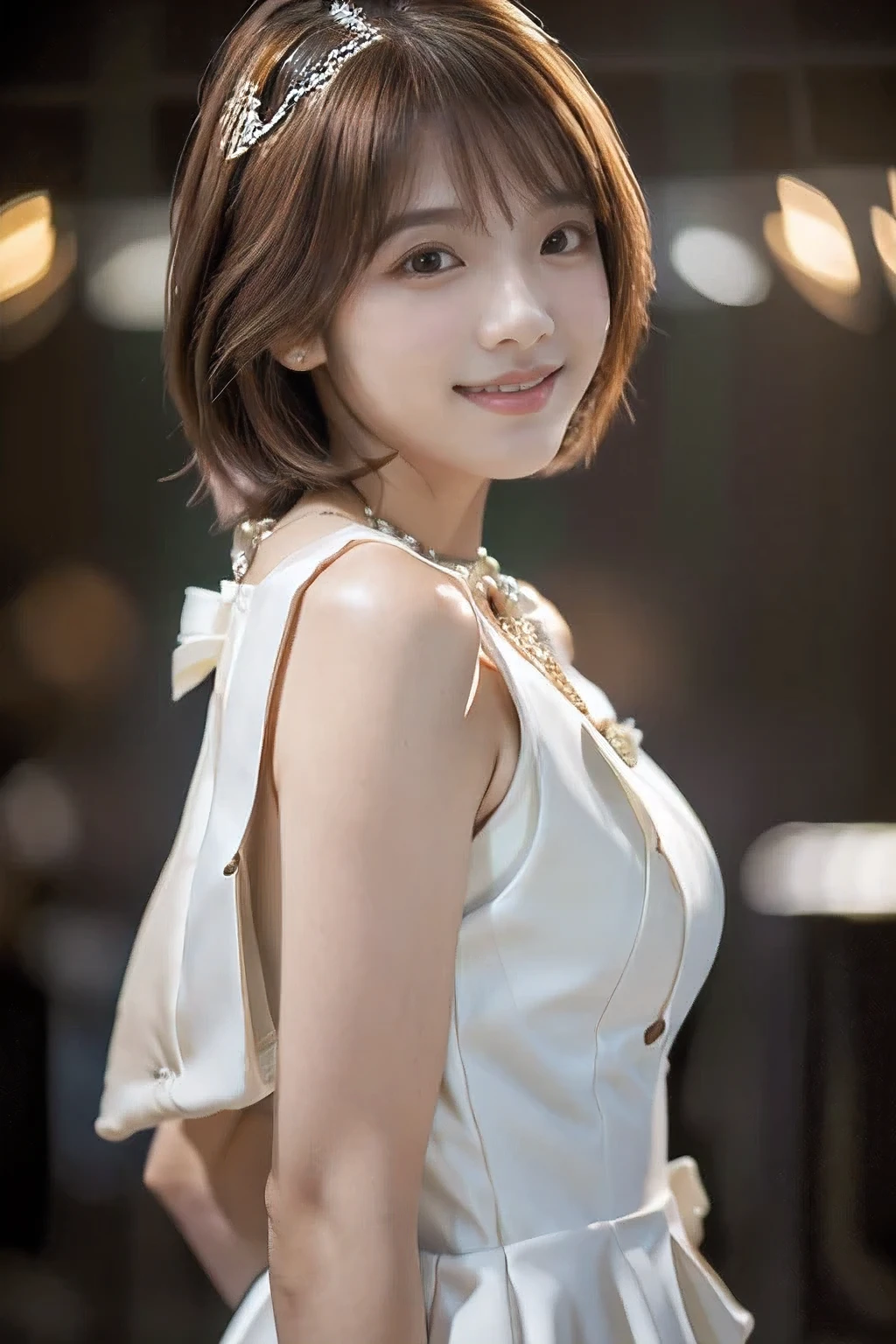 (An 18-year-old woman at a party:1.5)、(Gentle smile:1.2)、(The best quality at its best:1.4), (Super detailed), (Very detailed CG unified 16k), Beautiful woman with perfect figure: 1.4, Sharp focus: 1.2, Very detailed, High-quality RAW color photos, Professional photography, Great face and eyes, cosmetics, (Amazingly beautiful girl), ((Formal party dress:1.5)), Sexy posture，(View from below), Realistic movie faces, Full body long view from head to toe, Realistic, ((Realistic natural orange red hairstyle)), ( Short Bob Hair:1.5), (necklace:1.5)、, Very beautiful face, Perfect model beauty, Mouth swelling, Highly detailed face and skin texture, Fine grain, double eyelid, Medium chest, smile, (masterpiece), highest quality, High resolution, Very detailed, Blurred Background, Depth of written boundary, Cinema Lighting, Great legs, , Clear, well-maintained skin,
