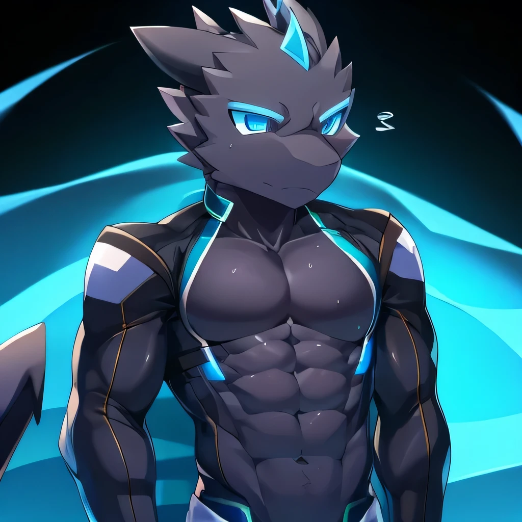 Thin macho　western black dragon　　abs　　　　　Hollow abs　　body suit　　thick arms　　　chest rig　　　、sweaty　　　skin glow　　profile　　Wearily　short of breath　　  　Chemo shota　　Thick chest have a 　blue eyes　Tired look　Glowing abs　Deep abdominals jacket　profile