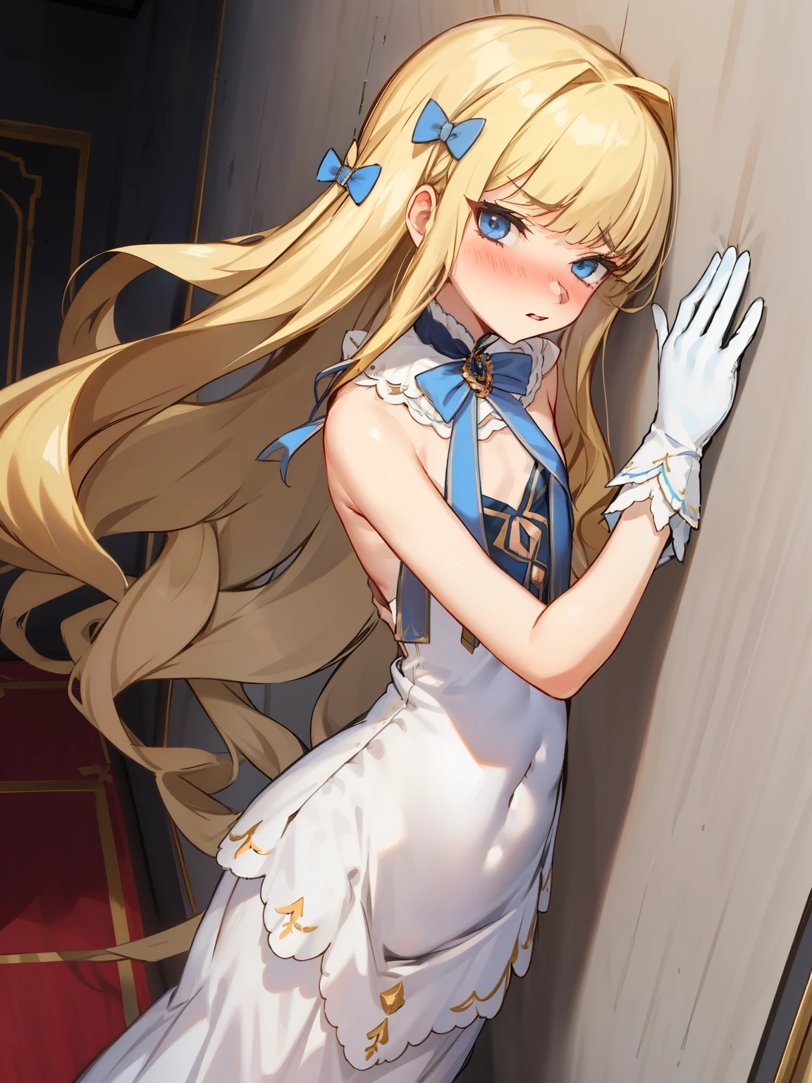 eqlc, 1girl, long hair, solo,  naked body, evening dress(ornate dress), long dress, blonde hair, blue eyes, white gloves,lovely small breasts, flat chest, bow, bangs, covered navel, detached collar, a weary face,parted lips, nose blush, blush,facing viewer, looking at viewer, in the livingroom, wall, kabedon pov, kabedon against wall, standing, ,, top view 