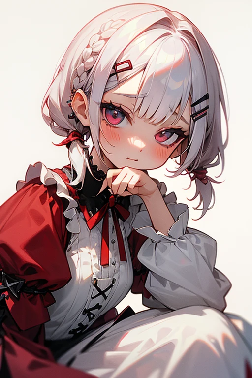 Short white hair, blush, Gothic Lolita、Punk Fashion、Headbang 2.、White and red clothes、Braiding、2 hair clips